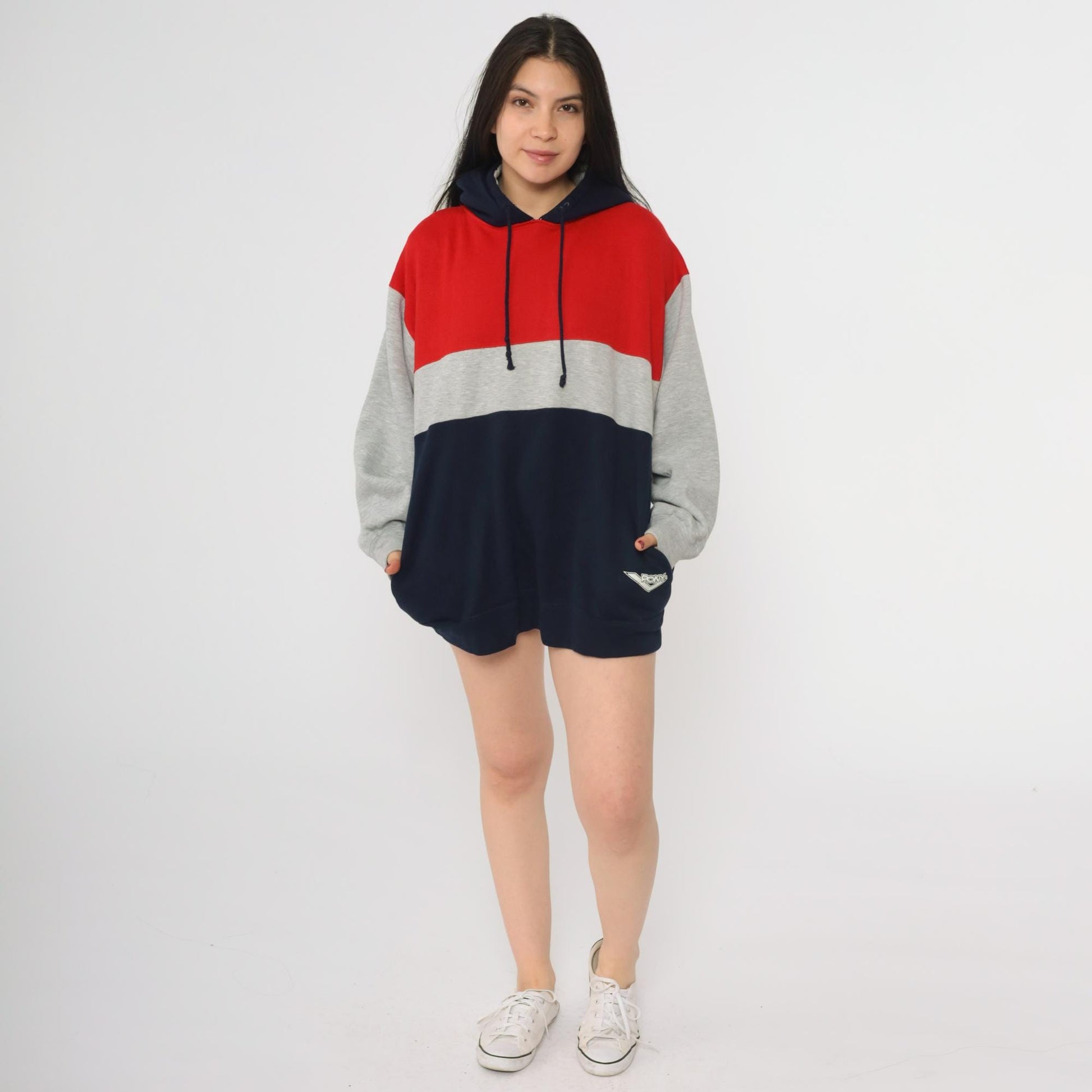 90s Pony Colorblock Hoodie Red Grey Navy Pullover Large L