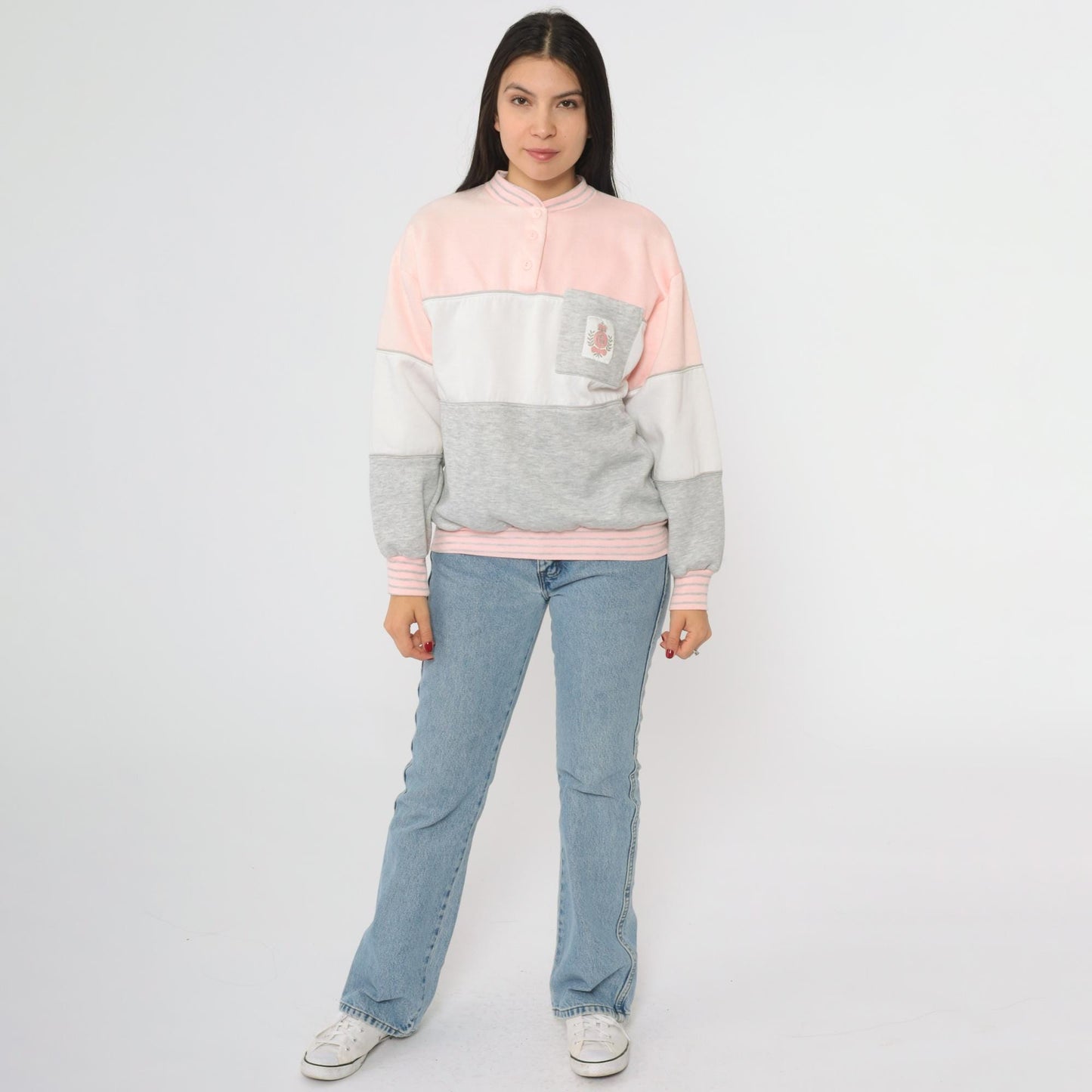 90s Gitano Colorblock Sweatshirt Pink White Grey Henley Collar Medium M