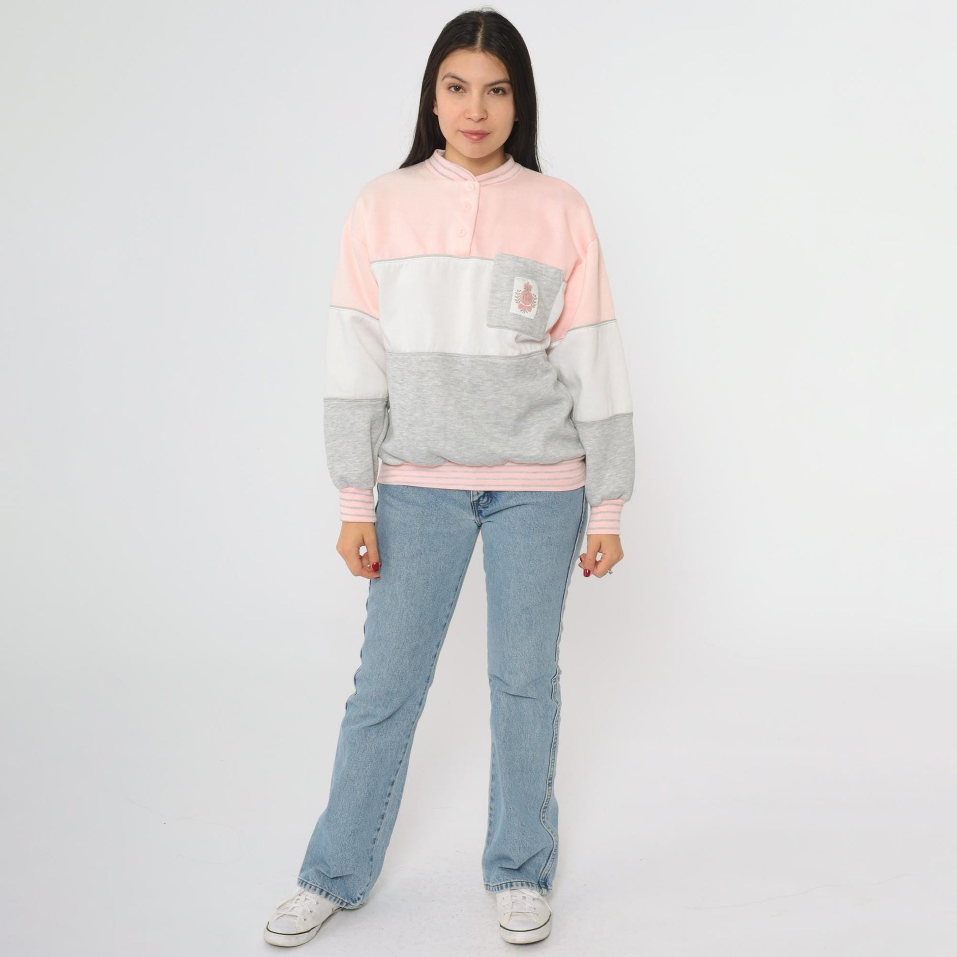 90s Gitano Colorblock Sweatshirt Pink White Grey Henley Collar Medium M