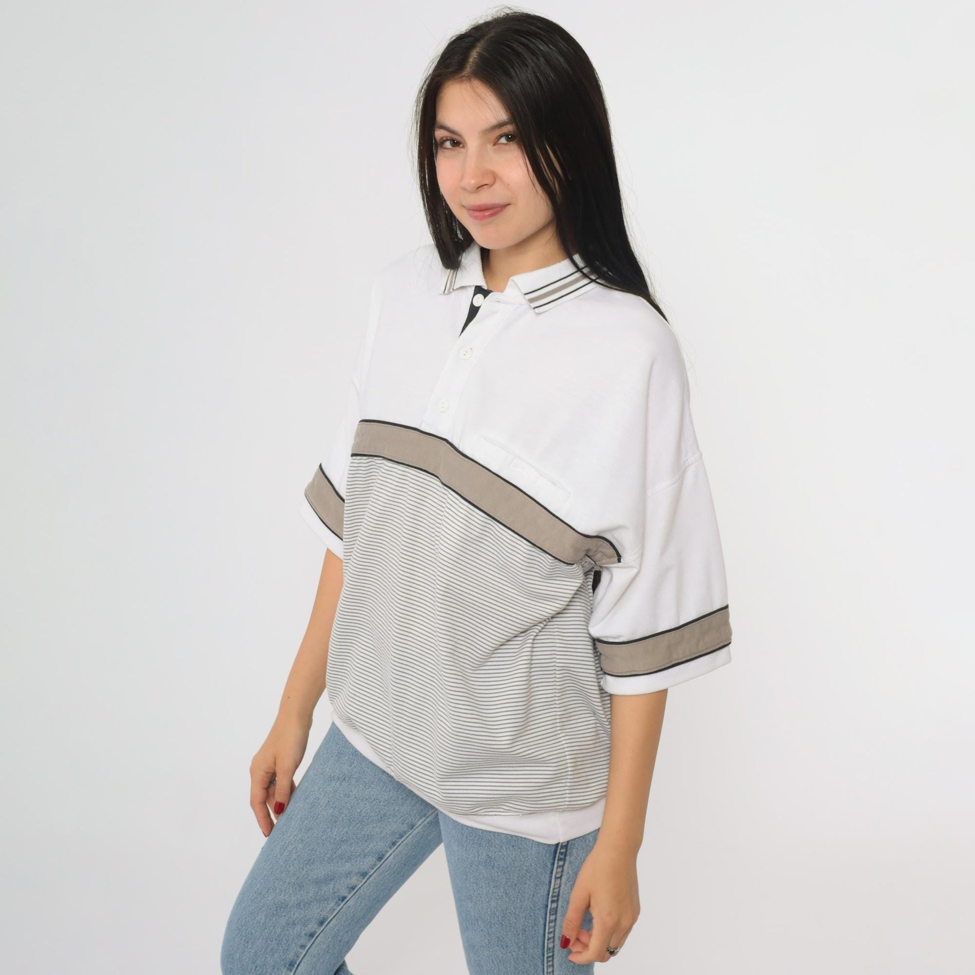 90s Puritan Polo Shirt White Taupe Black Striped Colorblock Large L