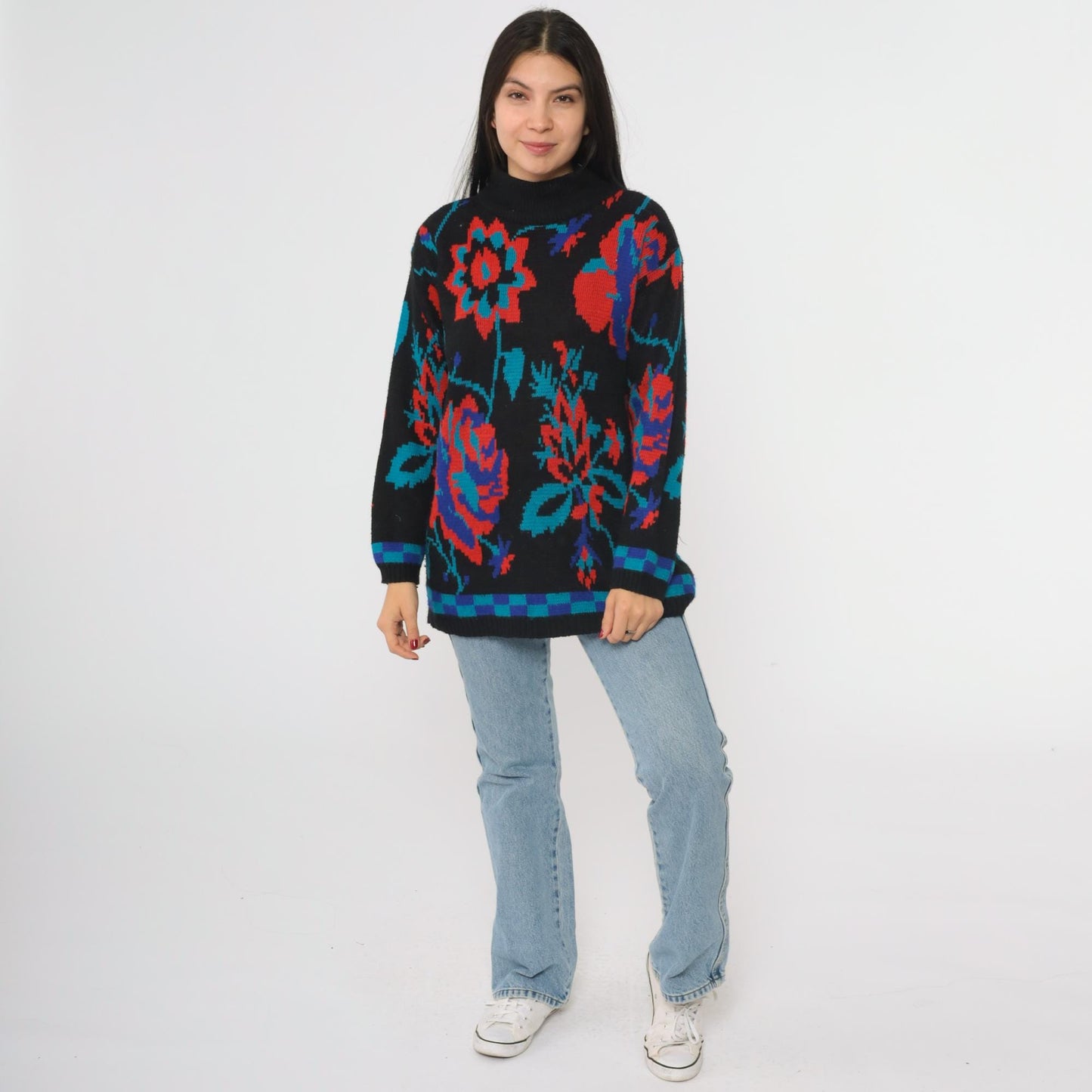 80s Adolfo Collectibles Floral Knit Sweater High Neck Black Red Blue Teal Medium M