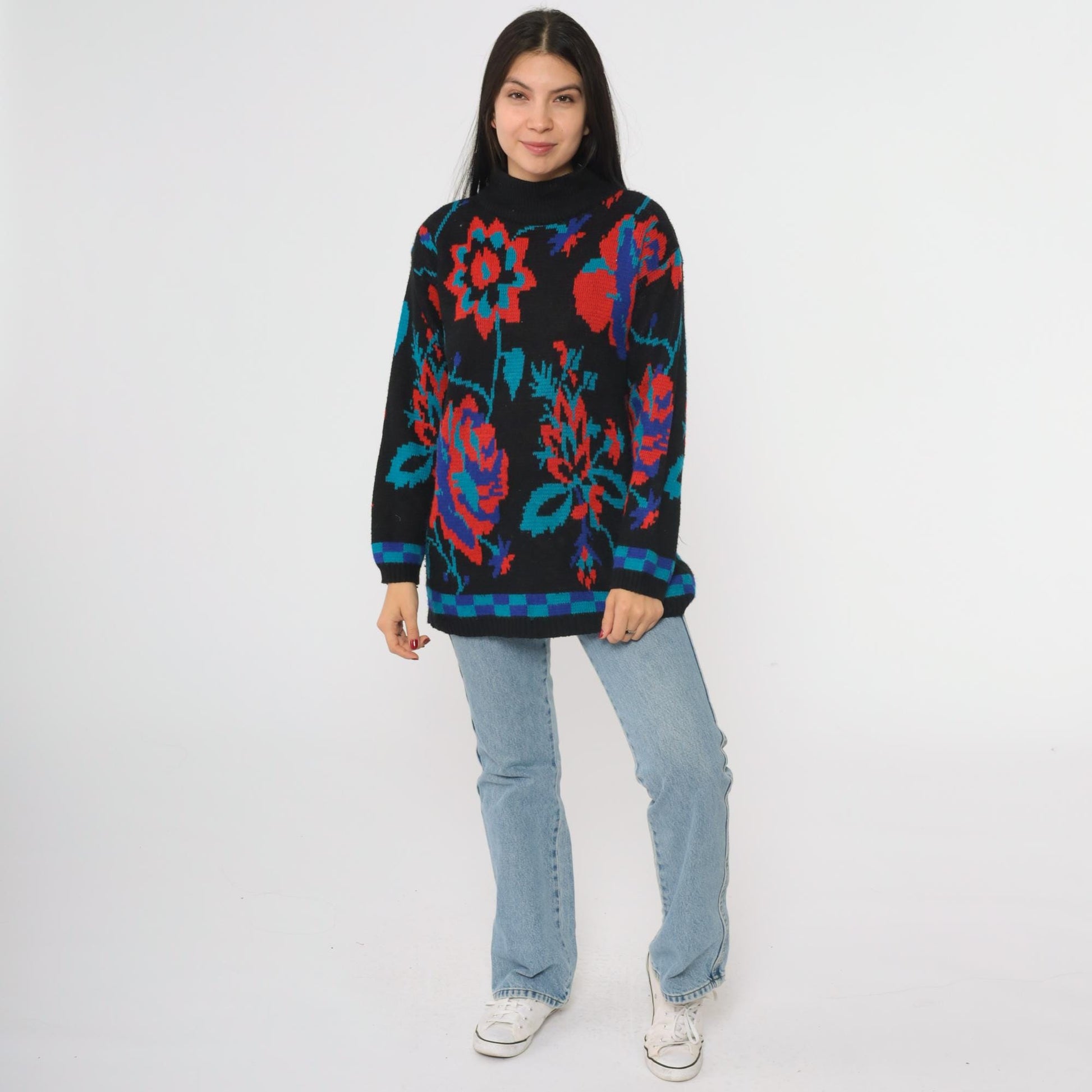 80s Adolfo Collectibles Floral Knit Sweater High Neck Black Red Blue Teal Medium M