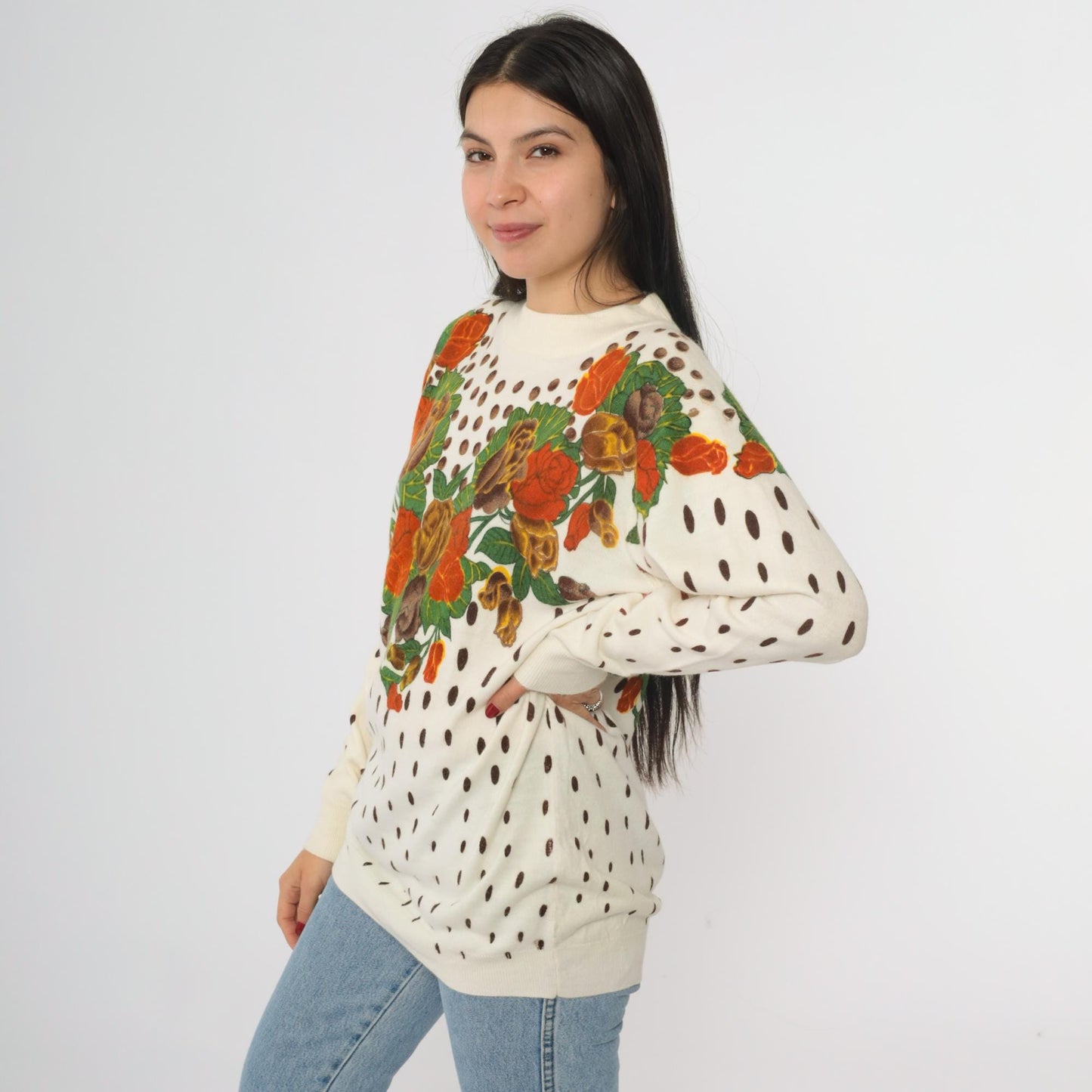 80s General Floral Knit Sweater Cream Rose Heart Print Polka Dot Large