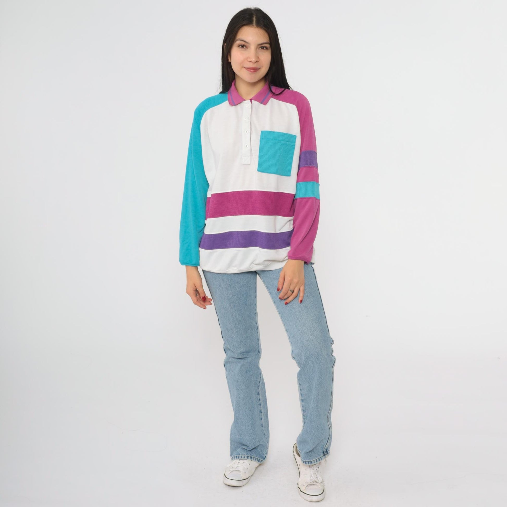 80s Colorblock Polo Shirt Pink Purple Turquoise Geometric Wave Raglan Large