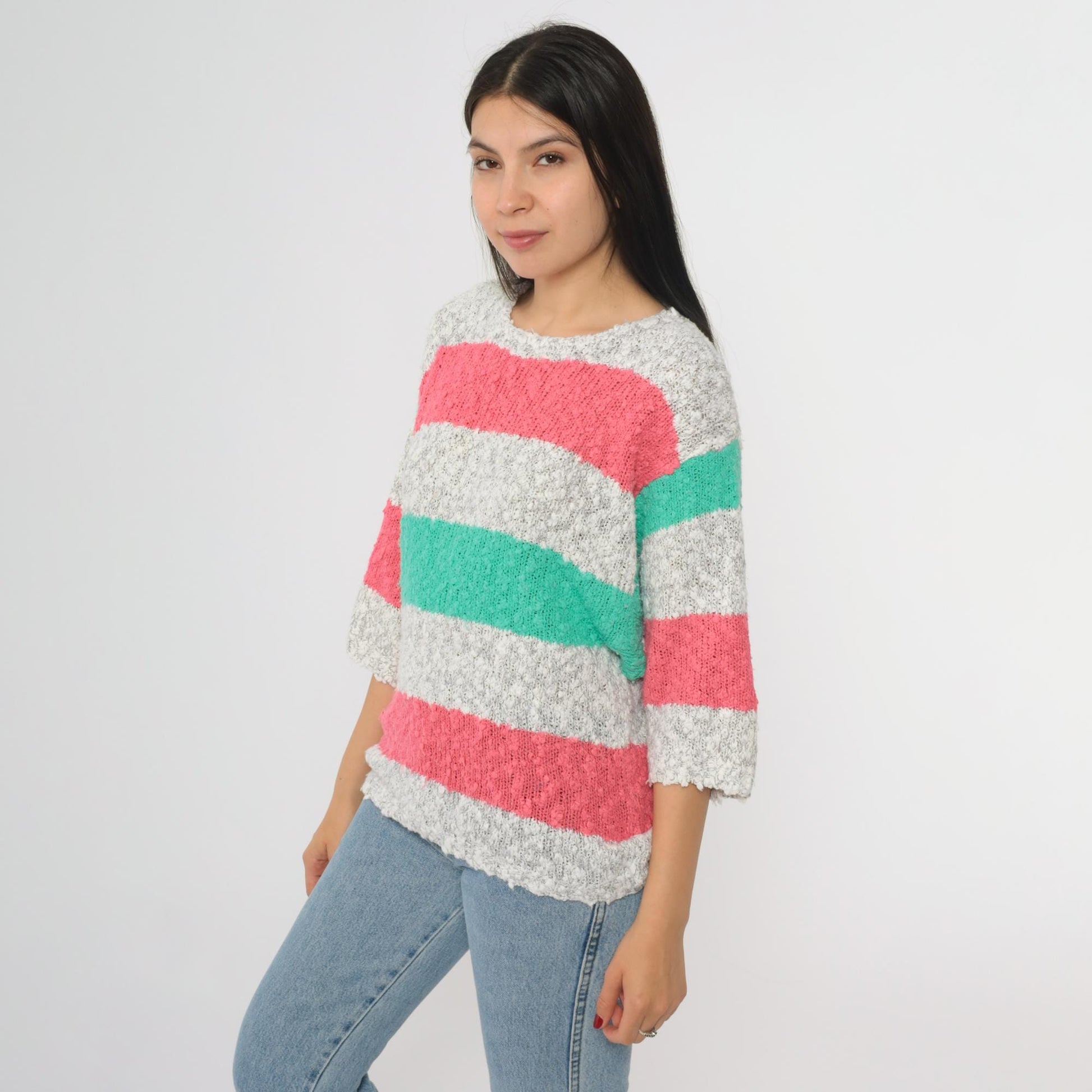 80s Striped Knit Sweater Pink Green Gray Crew Neck Short Sleeve Medium M