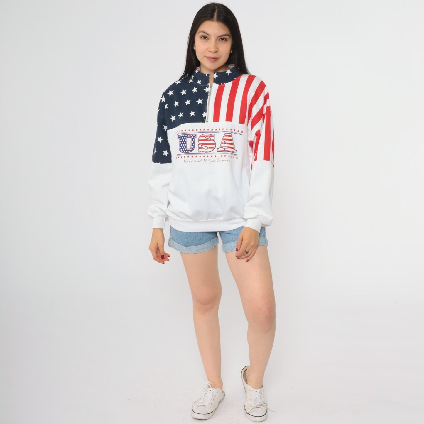90s USA Flag Half Zip Sweatshirt Stars Stripes Red White Blue Medium