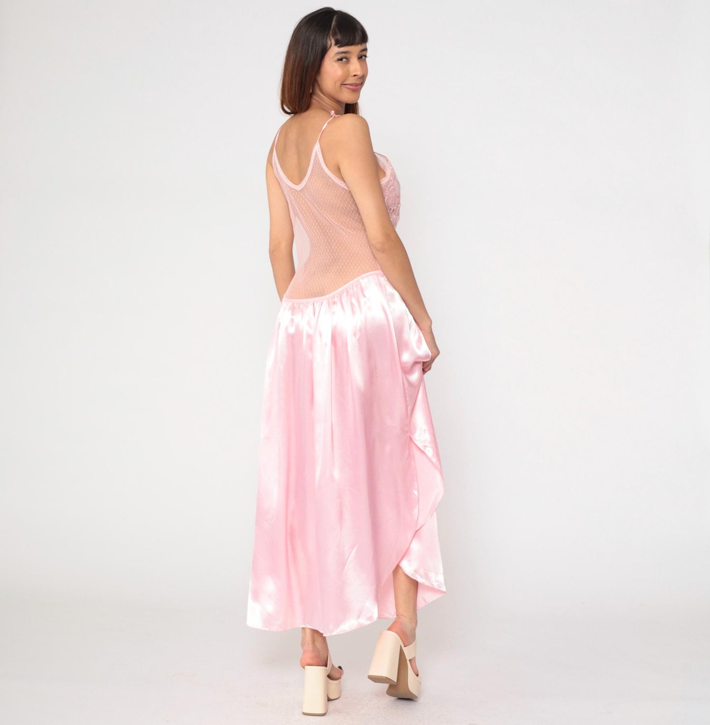 90s Gilligan O'Malley Pink Satin Slip Dress Maxi Lace Bodice Medium M