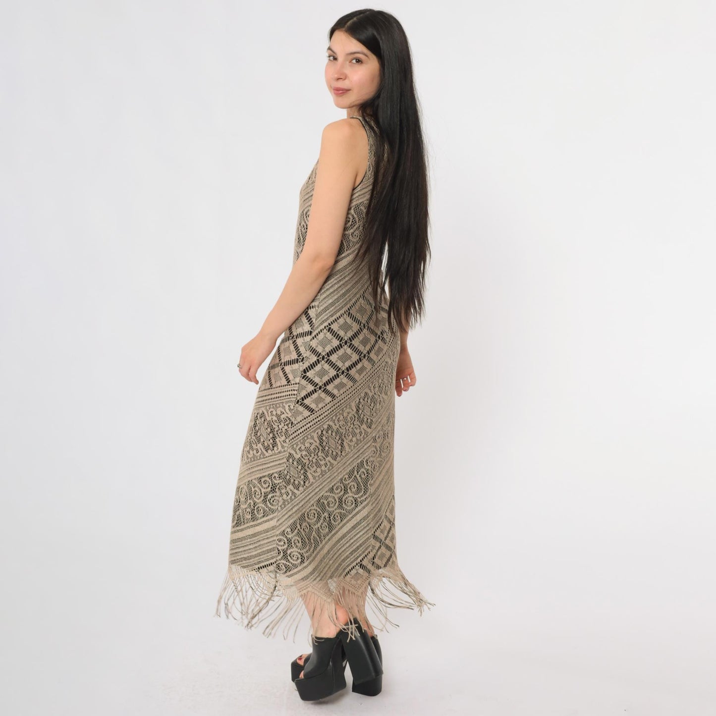 Y2K Crochet Lace Midi Dress Taupe Geometric Fringe Bodycon Small