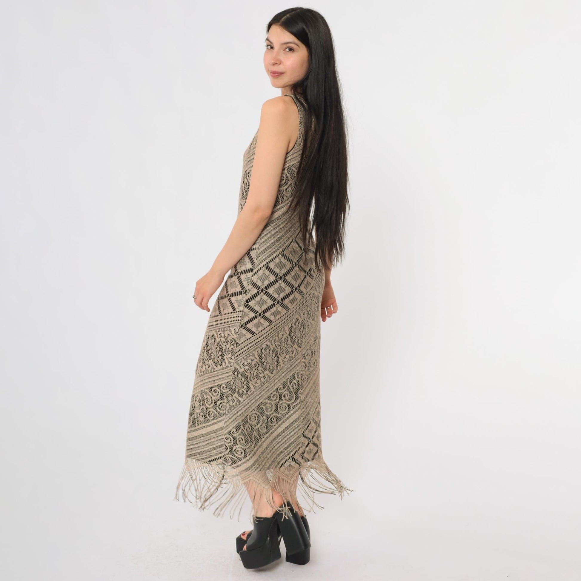 Y2K Crochet Lace Midi Dress Taupe Geometric Fringe Bodycon Small