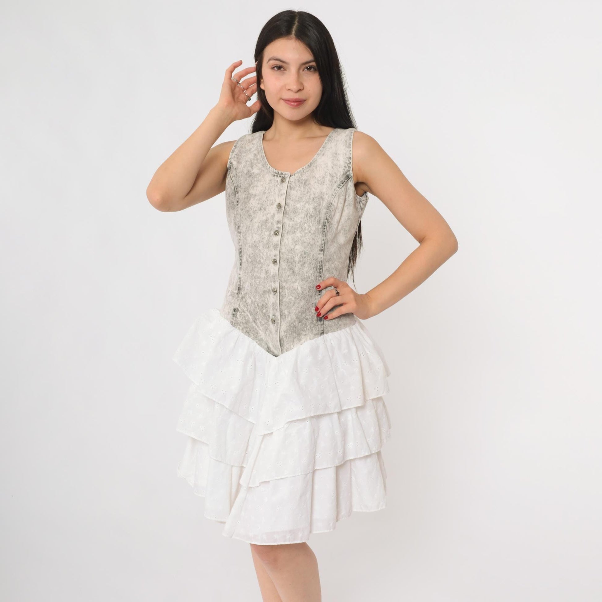 90s Acid Wash Basque Waist Mini Dress White Ruffle Button Front Small S