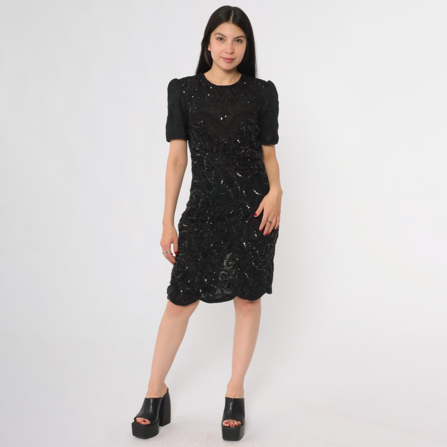 90s Silky Nites New York Black Silk Sequin Beaded Cocktail Dress Small