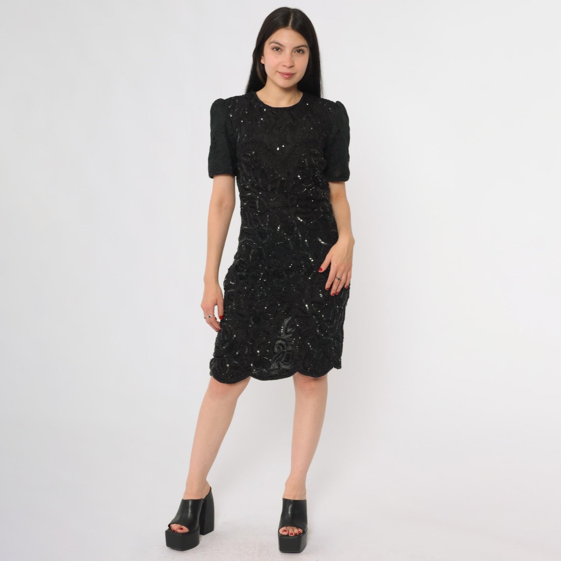 90s Silky Nites New York Black Silk Sequin Beaded Cocktail Dress Small