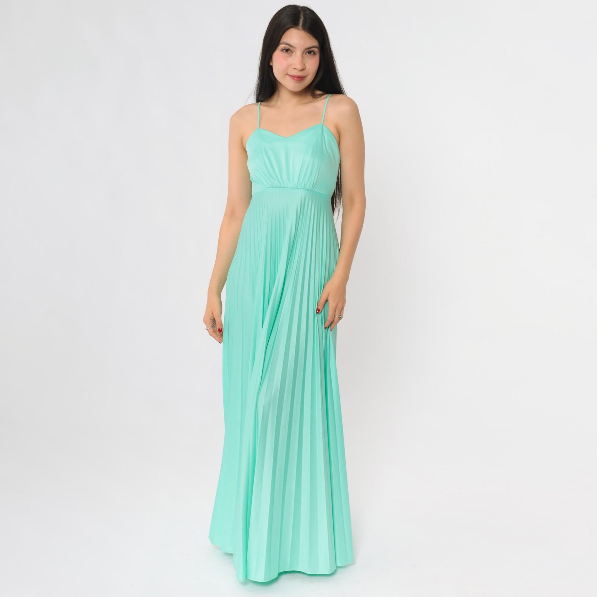 70s Aqua Pleated Maxi Dress Spaghetti Strap Sweetheart Neckline Extra Small XS