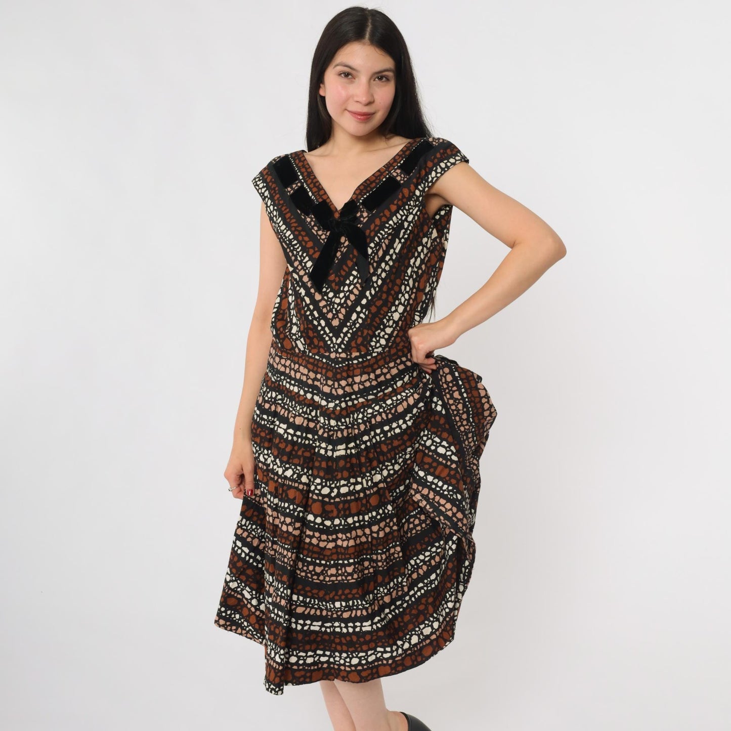 1950s Brown Geometric Print Midi Dress V-Neck Cap Sleeve Large