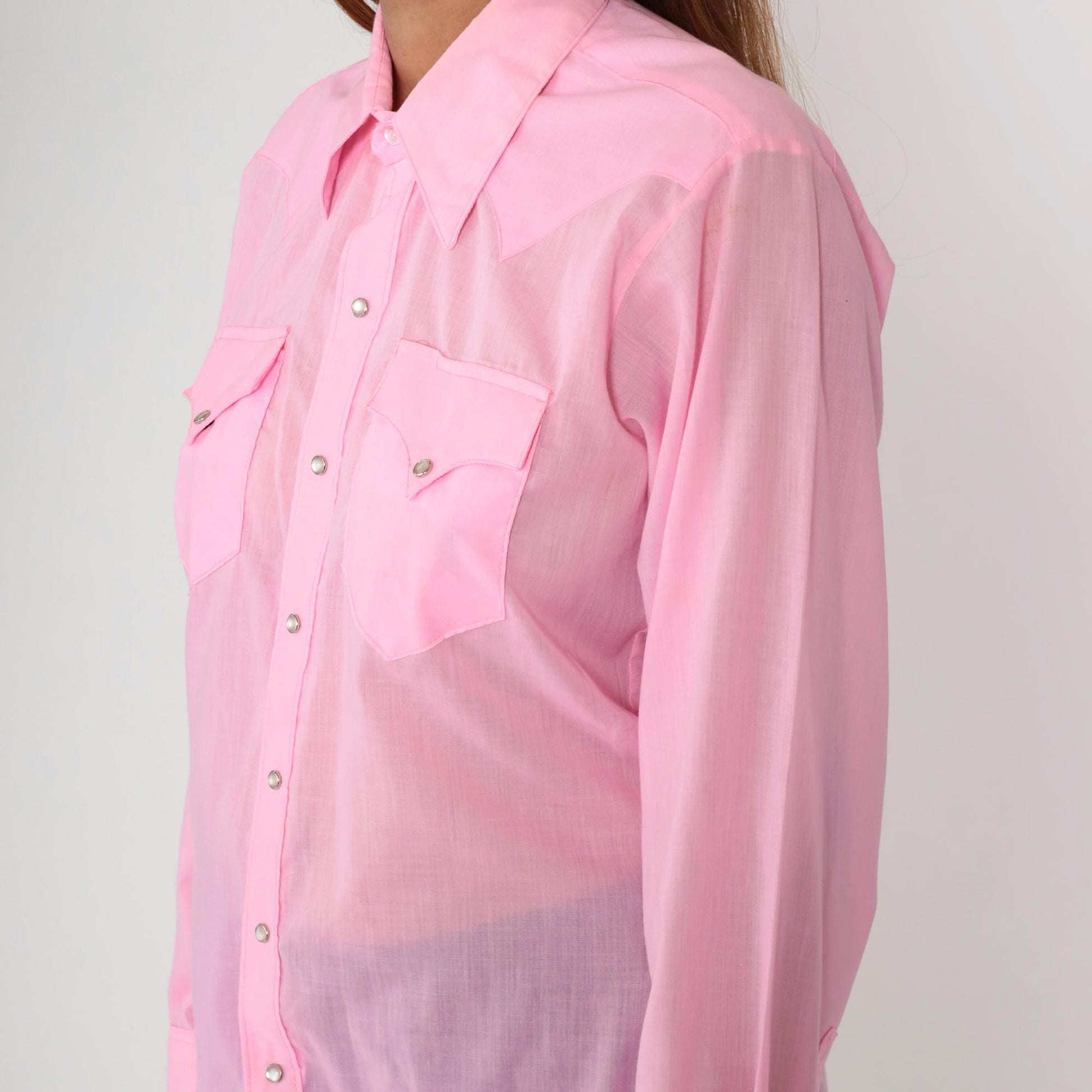 70s Rockmount Ranch Wear Pearl Snap Western Shirt Baby Pink Dagger Collar Medium