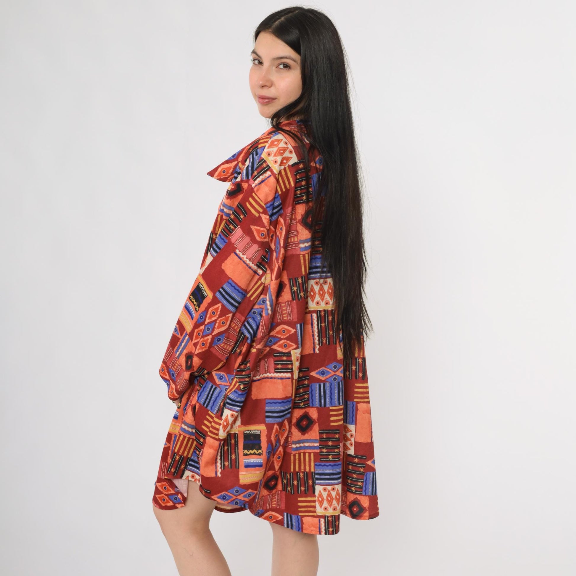 90s Sue Brett Tribal Print Mini Shirt Dress Button Front Long Sleeve Plus Size XXL