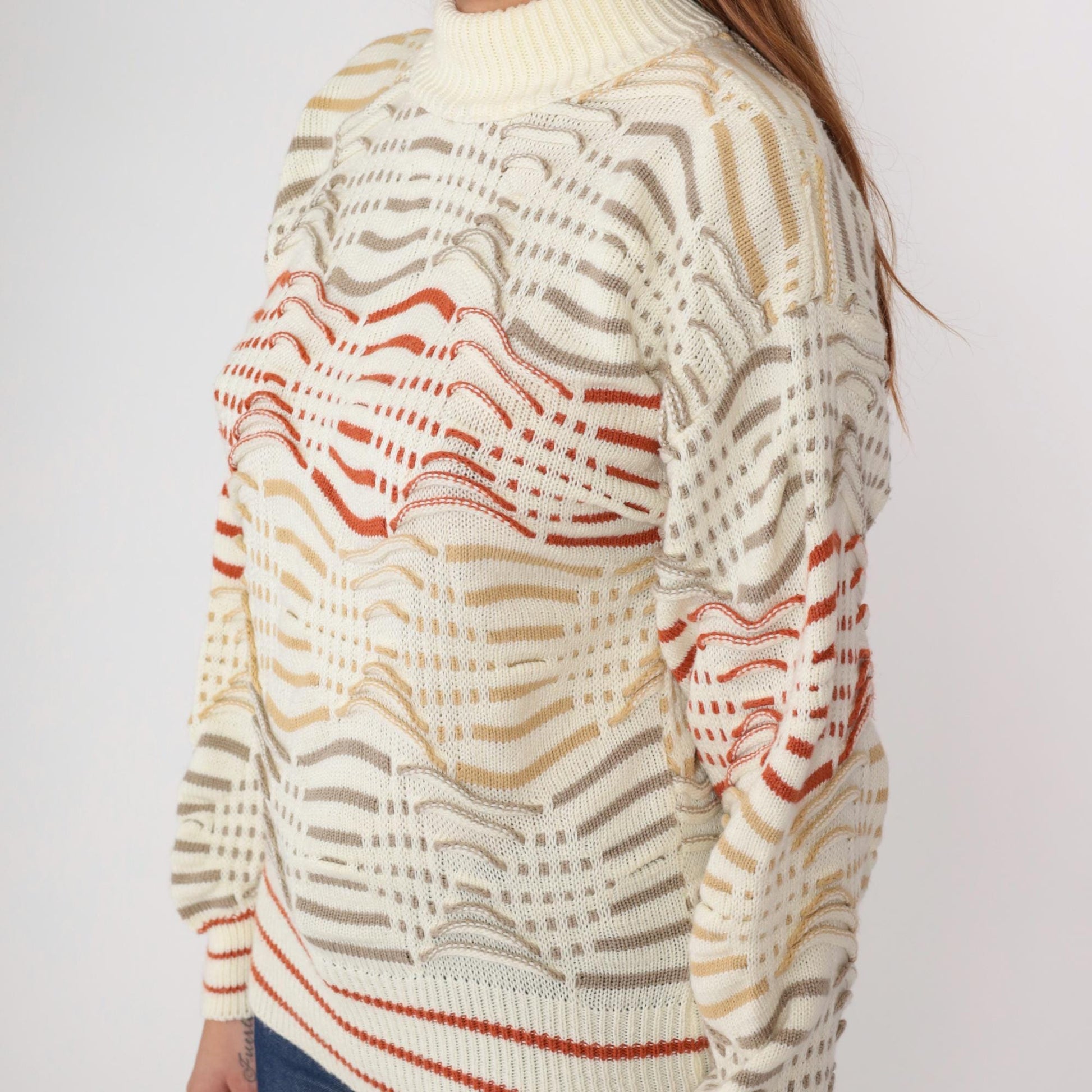 80s Cream Wave Pattern Turtleneck Sweater Red Tan Chunky Knit Small S