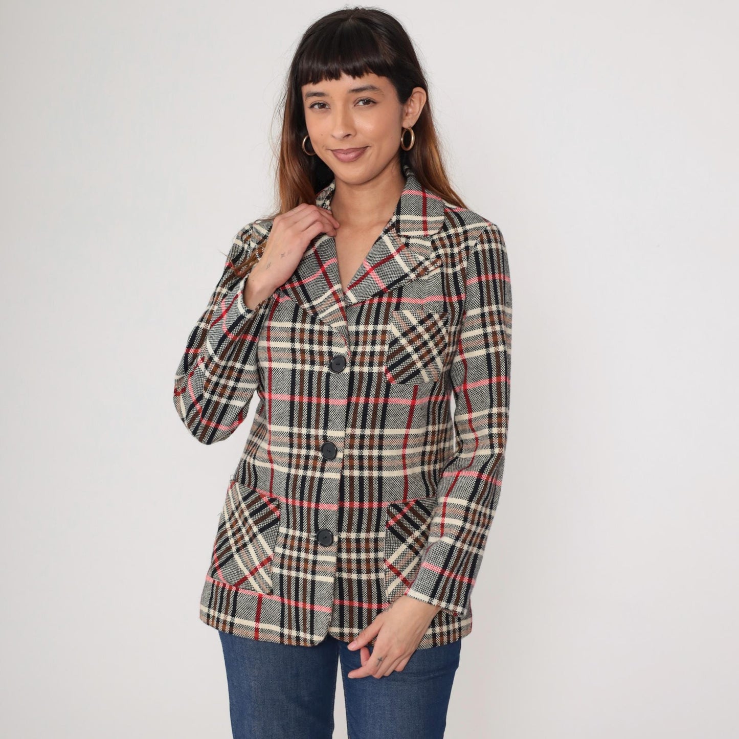 1970s Plaid Blazer Tartan Brown Red Cream Black Button Front Medium M