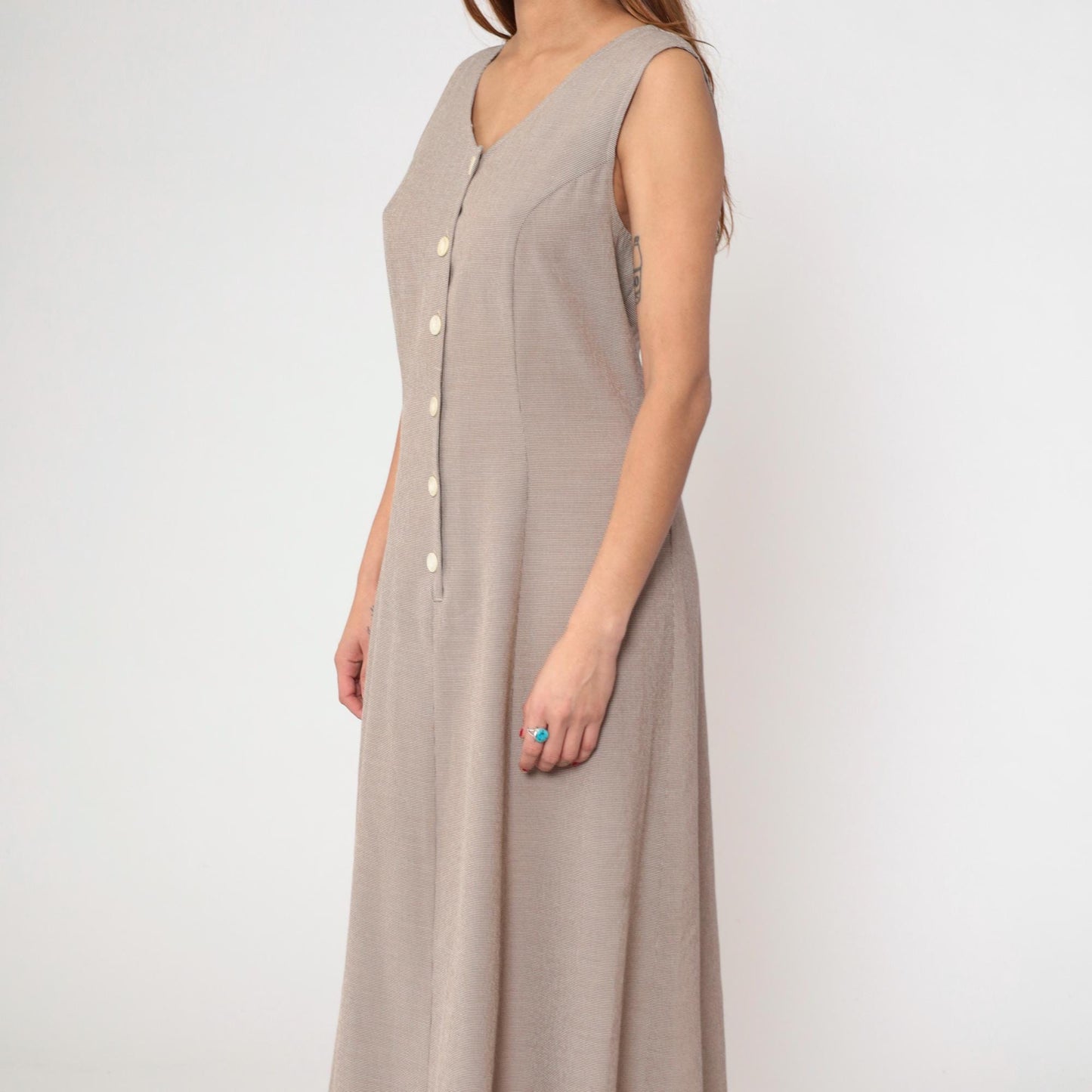90s Kathie Lee Taupe Maxi Dress V Neck Lace Up Back Sleeveless Medium