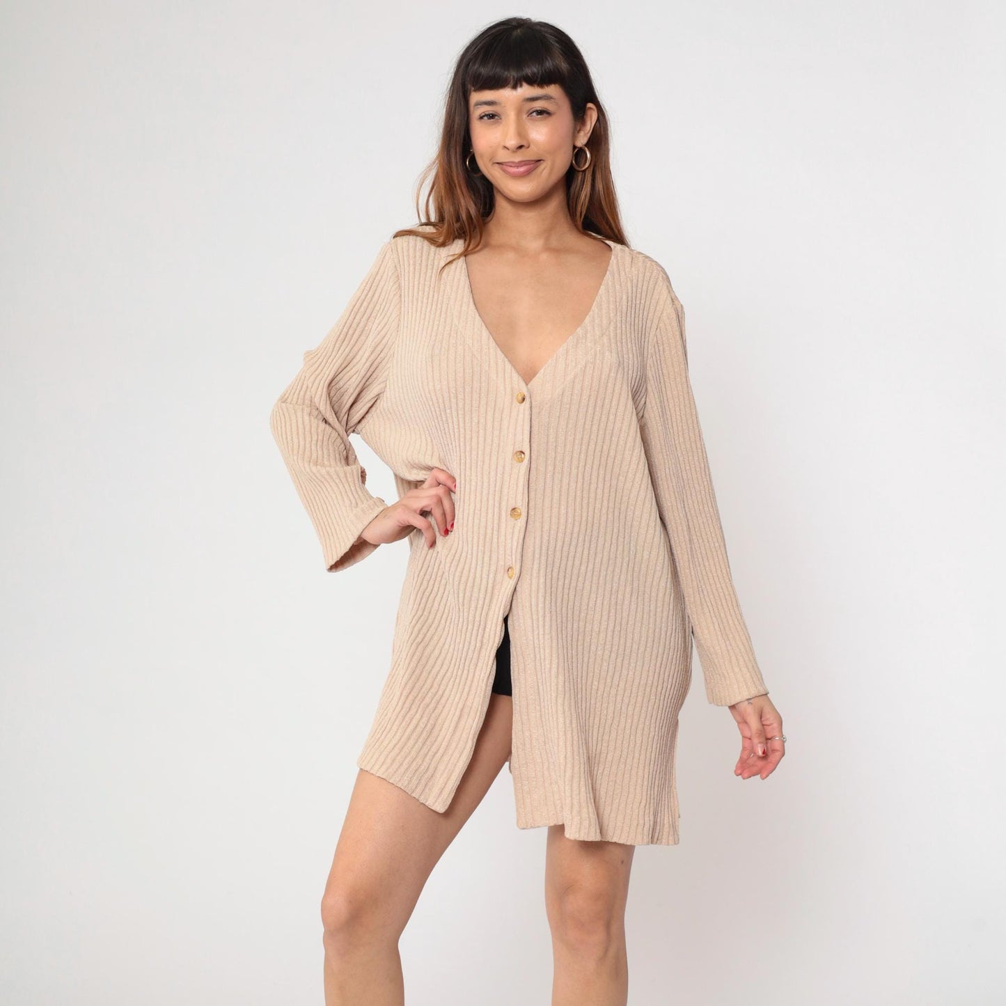 Y2K Kathryn Deene Ribbed Knit Cardigan Cream Button-Front V-Neck Medium