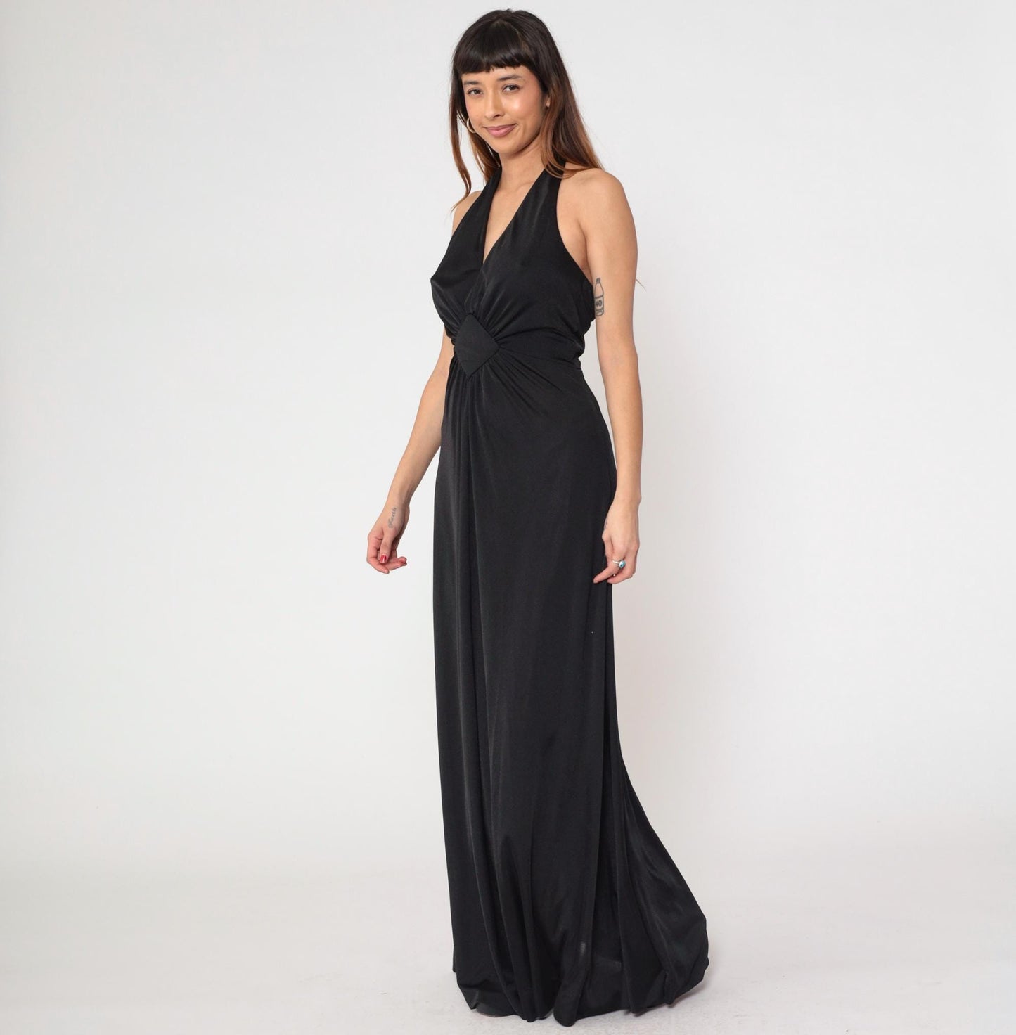70s Black Halter Maxi Dress Plunging V Neck Open Back Empire Waist Medium