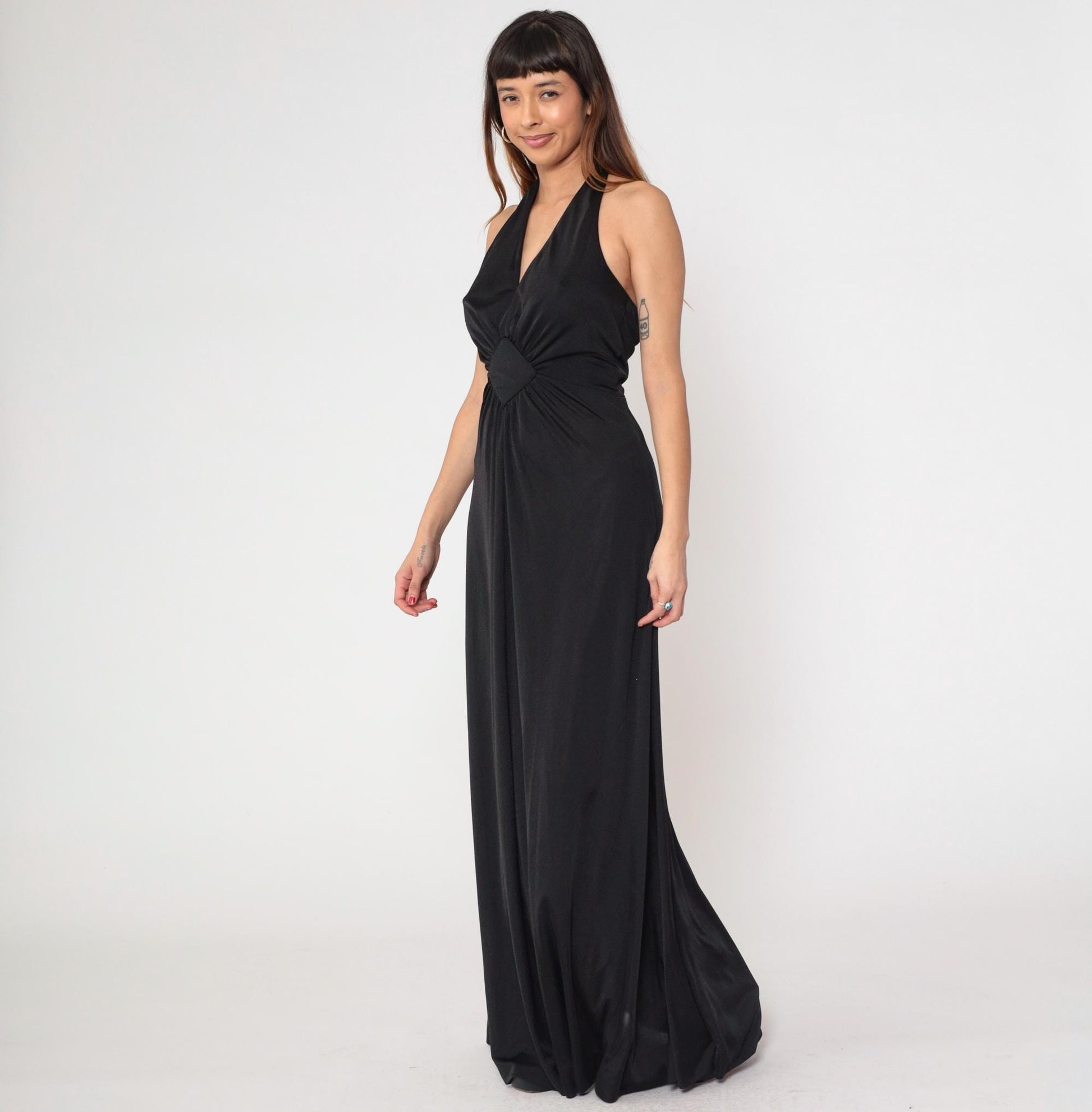 70s Black Halter Maxi Dress Plunging V Neck Open Back Empire Waist Medium