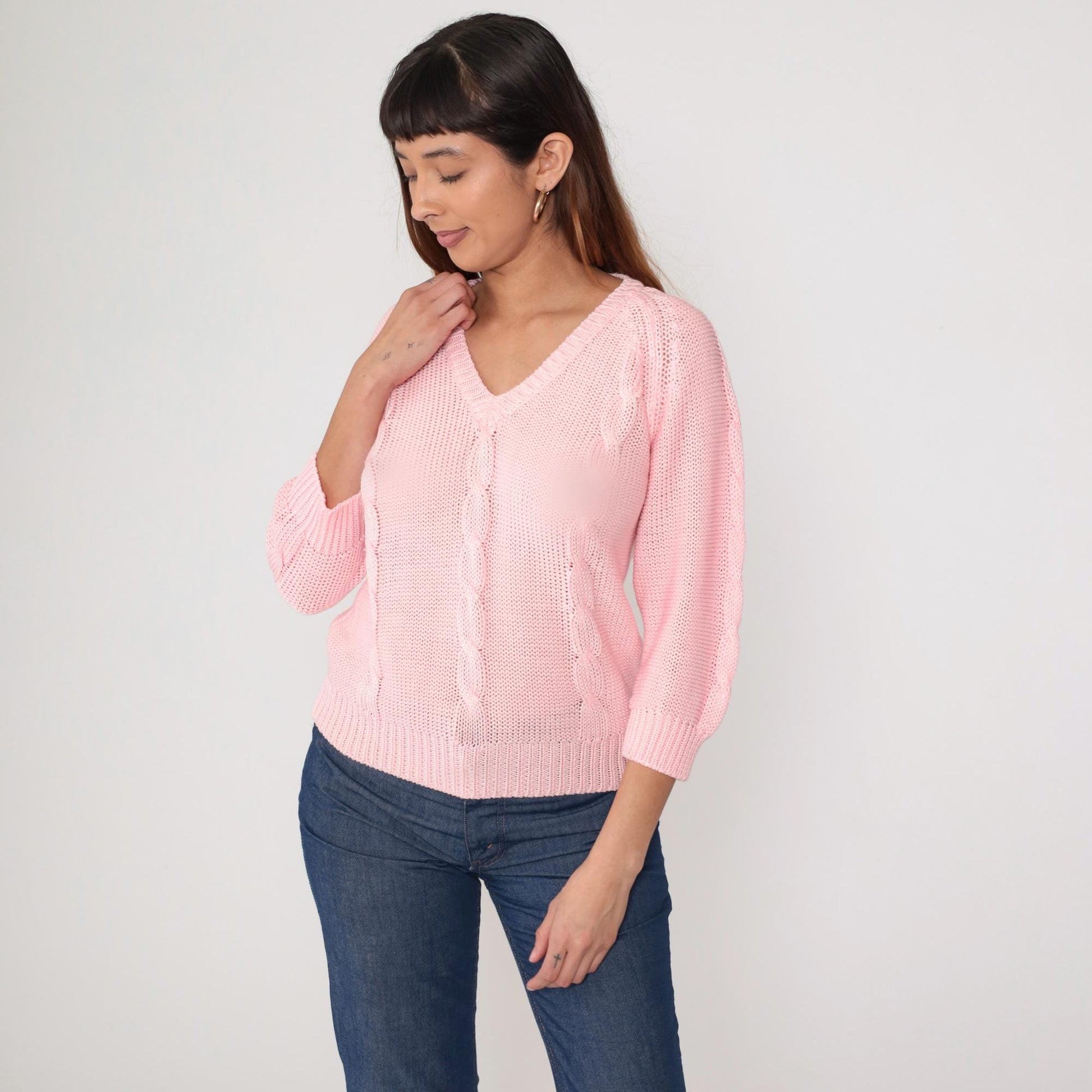 80s Pink Cable Knit V-Neck Pullover Sweater Medium