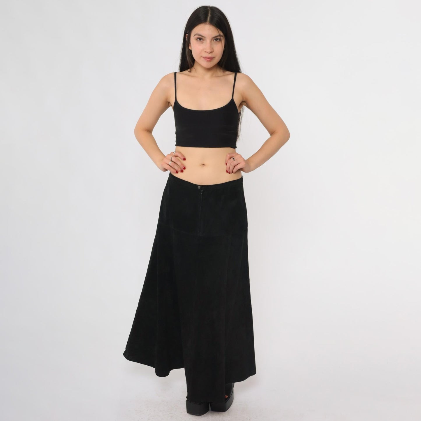 90s Marlynn Traditions Black Leather Maxi Skirt A-Line Large L