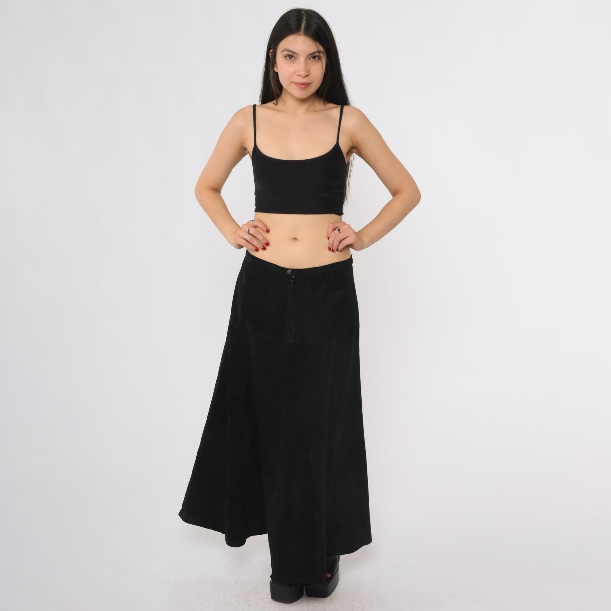 90s Marlynn Traditions Black Leather Maxi Skirt A-Line Large L