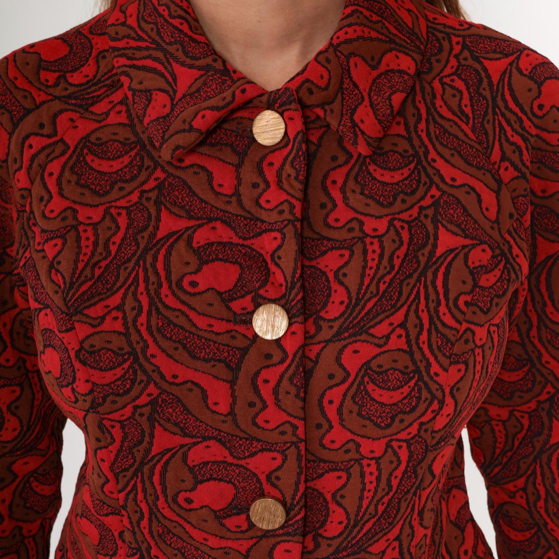 70s Lincoln Center Paisley Print Jacket Red Brown Button Front Medium