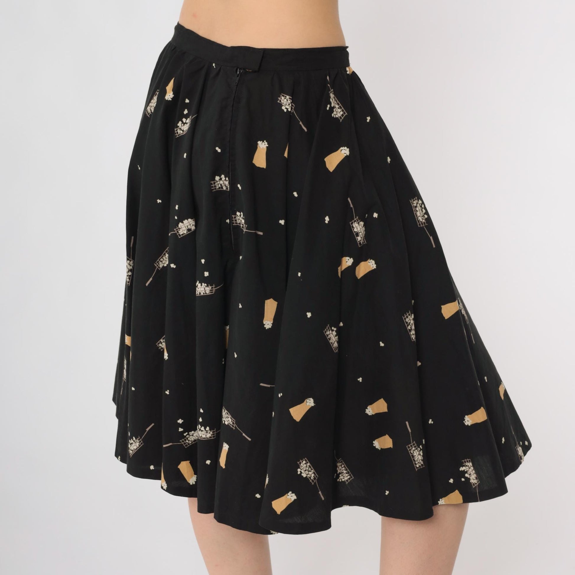 60s Popcorn Print A-Line Skirt Black Novelty Knee Length High Waist Medium