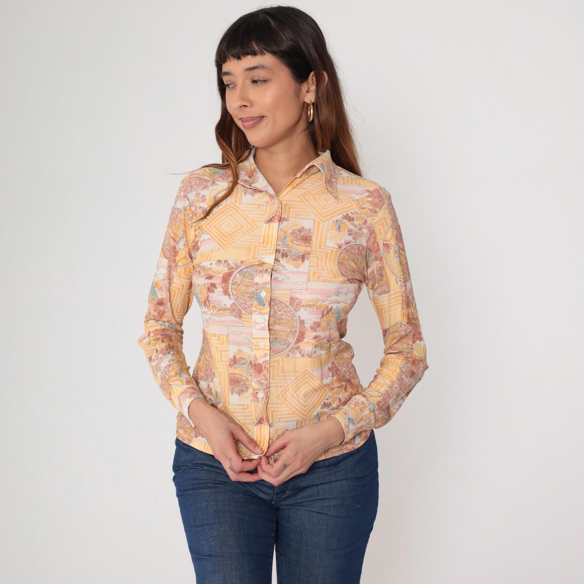 70s Scenic Toile Button-Up Shirt Orange Pink Pastoral Print Small S