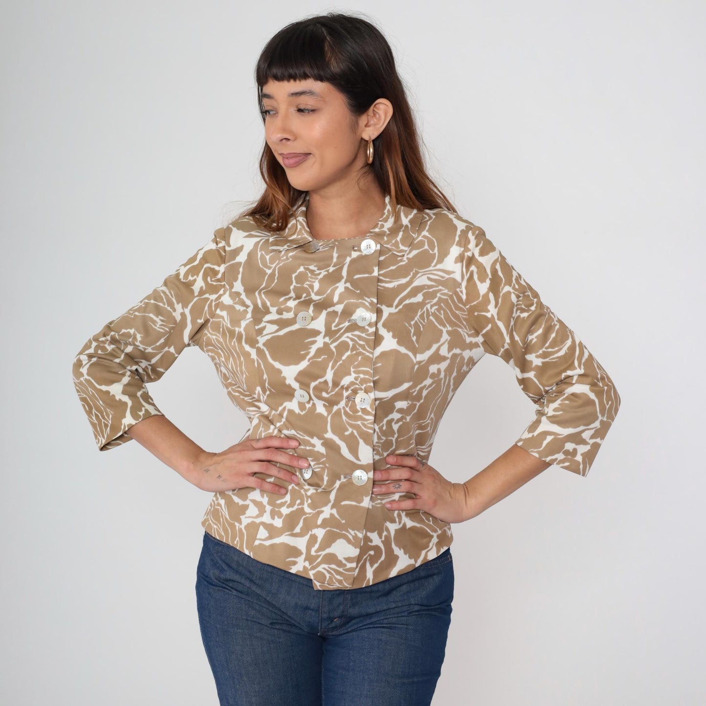 60s Mod Jacket Beige White Abstract Floral Double Breasted Cropped Large L