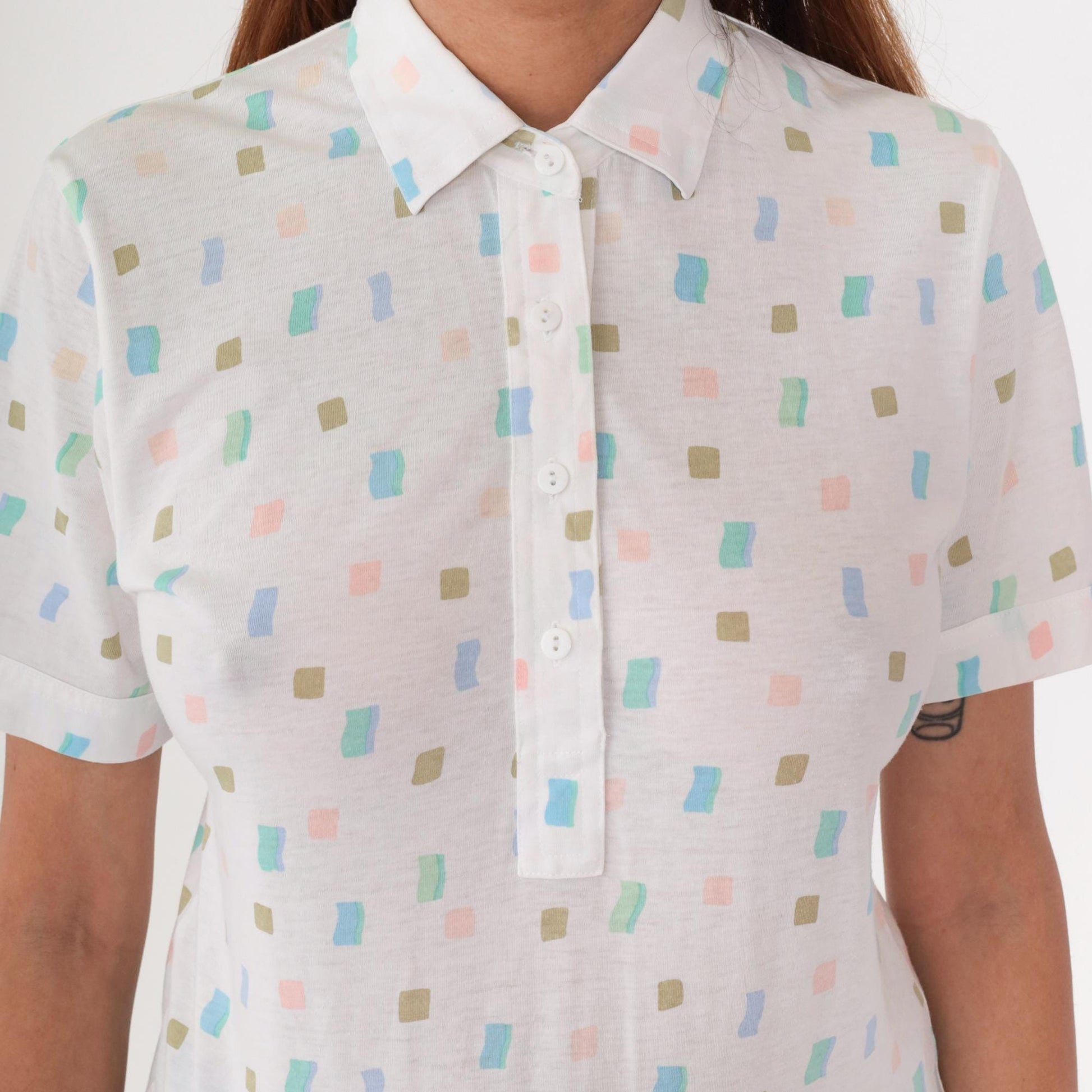 80s Leon Levin Polo Shirt White Geometric Pastel Collared Small S