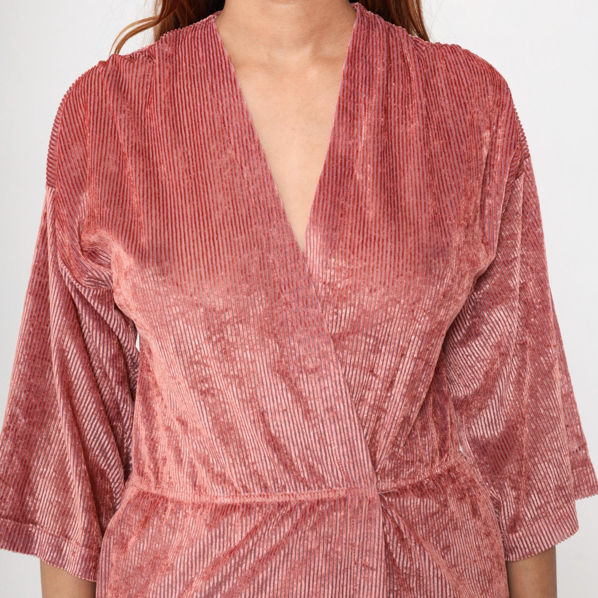 70s Dusty Rose Velour Maxi Robe Karessah Wrap Deep V Kimono Sleeve Small