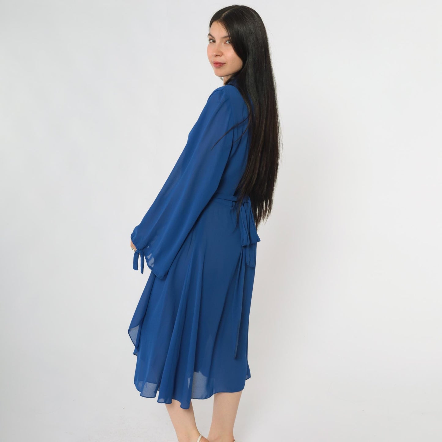 80s Royal Blue Wrap Dress Miss Elliette Midi Tie Waist Long Sleeve Large L