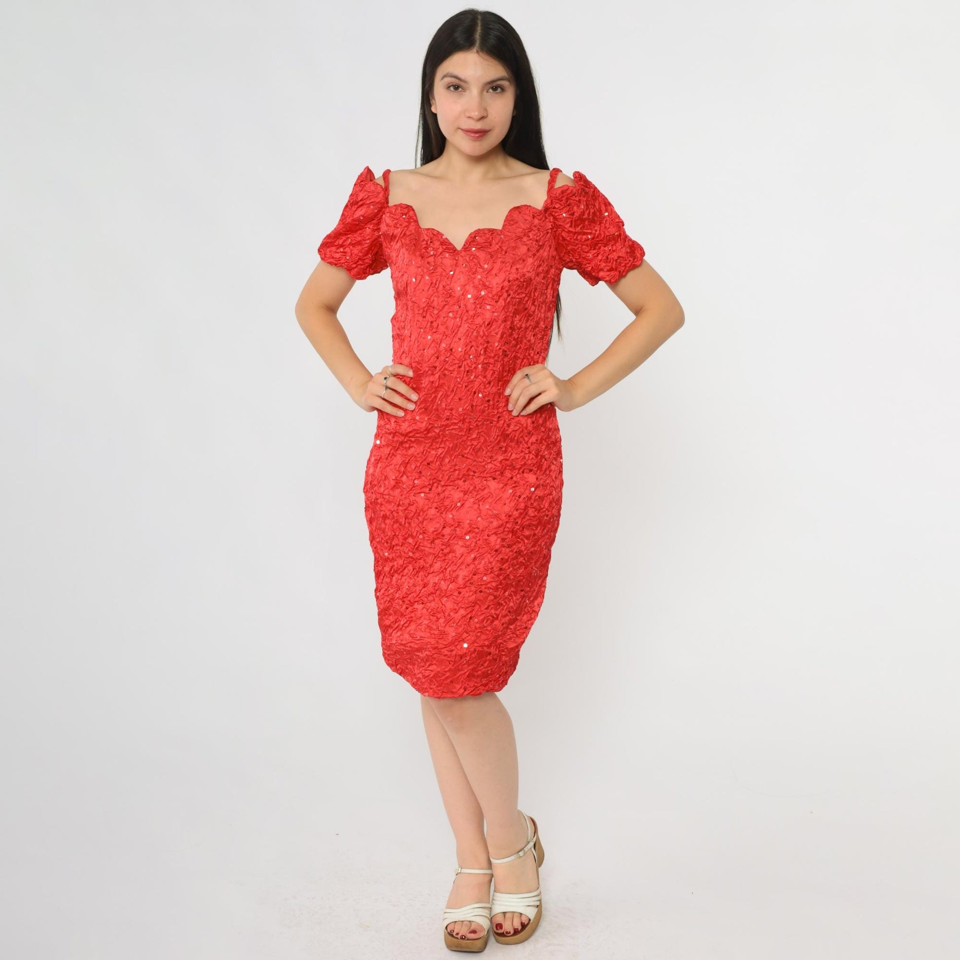 80s Zum Zum Red Sequin Cocktail Dress Off-Shoulder Sweetheart Small