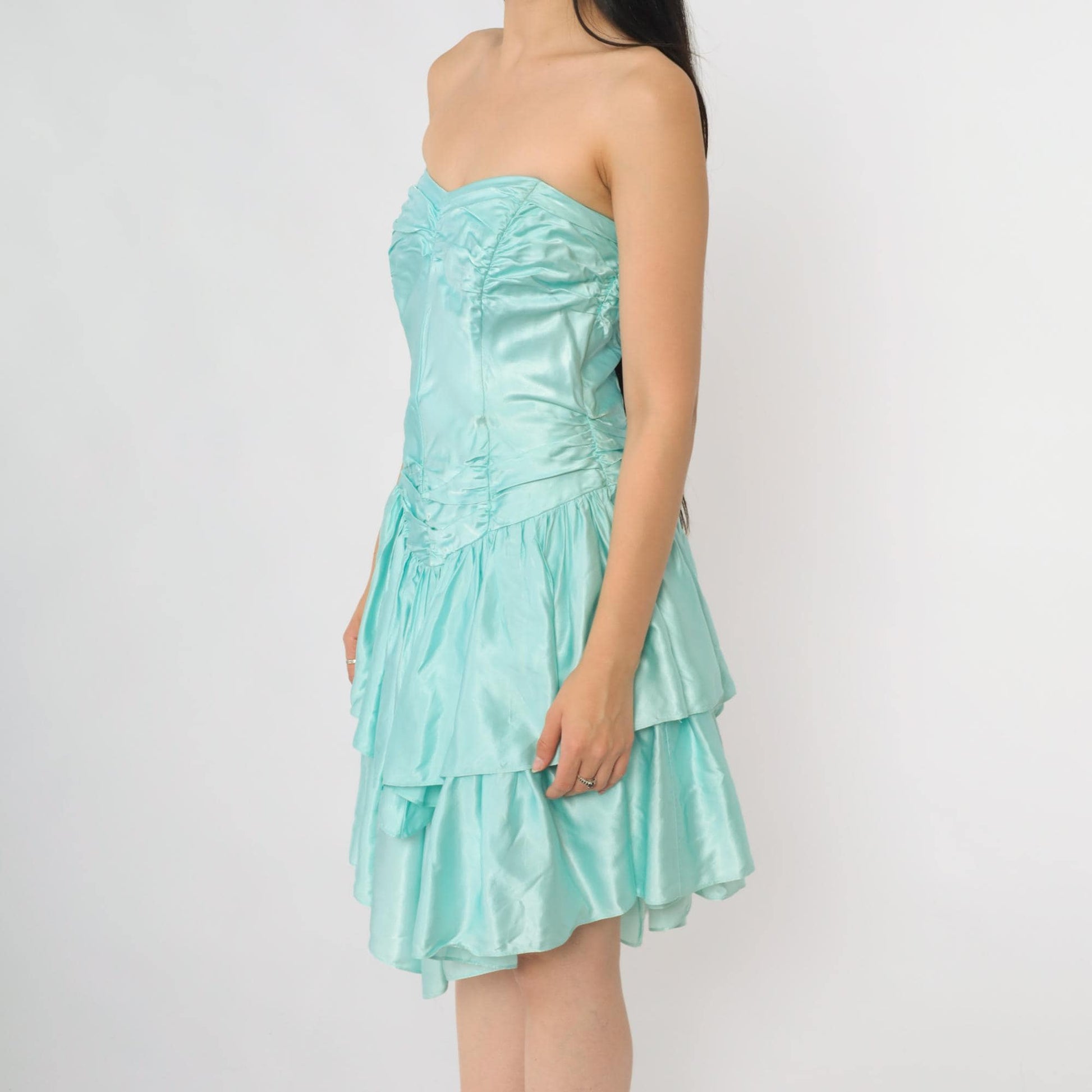 90s Roberta Mint Satin Strapless Mini Dress Tiered Ruffle Sweetheart Neckline Extra Small XS