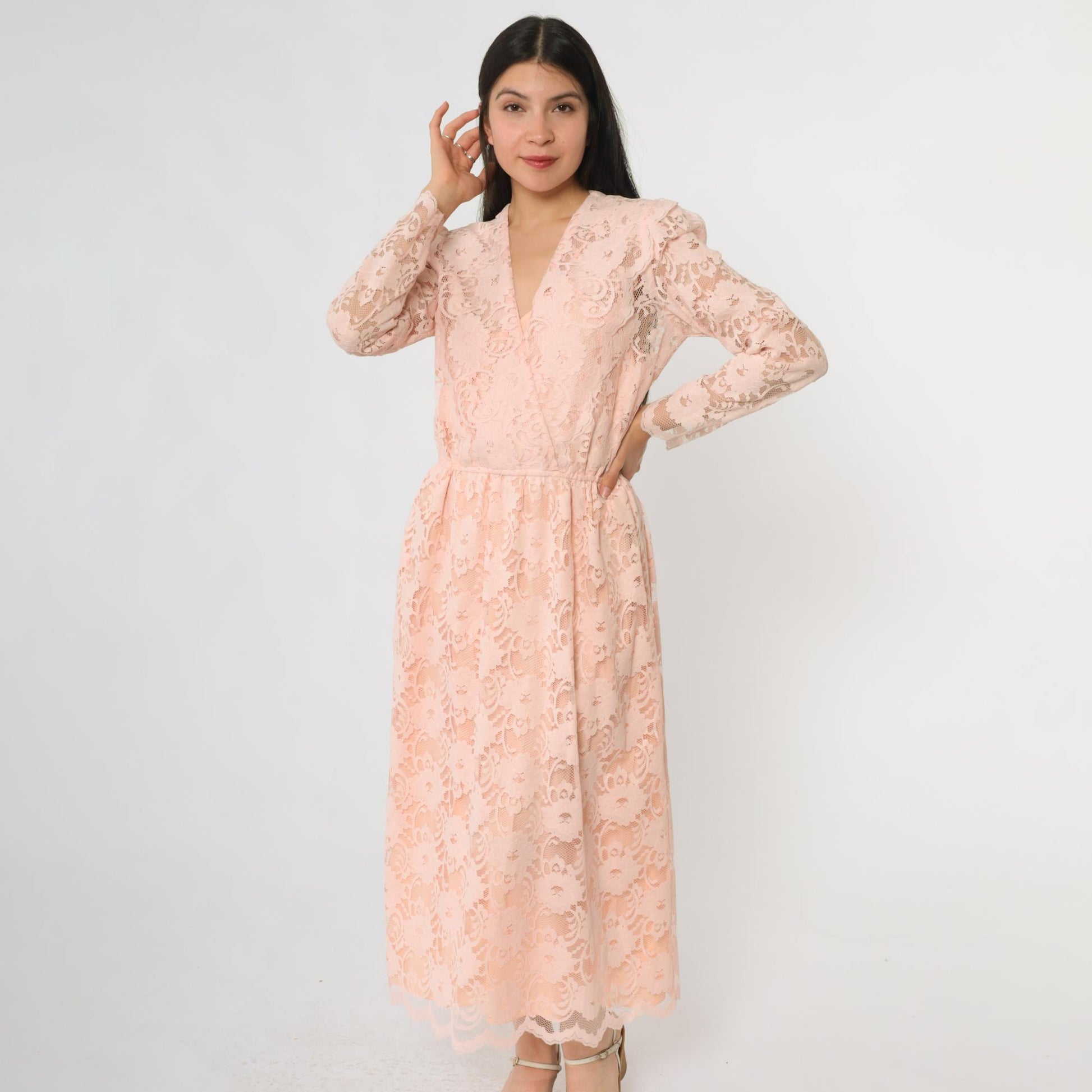 80s Blush Pink Floral Lace Maxi Dress V-Neck Empire Waist Small