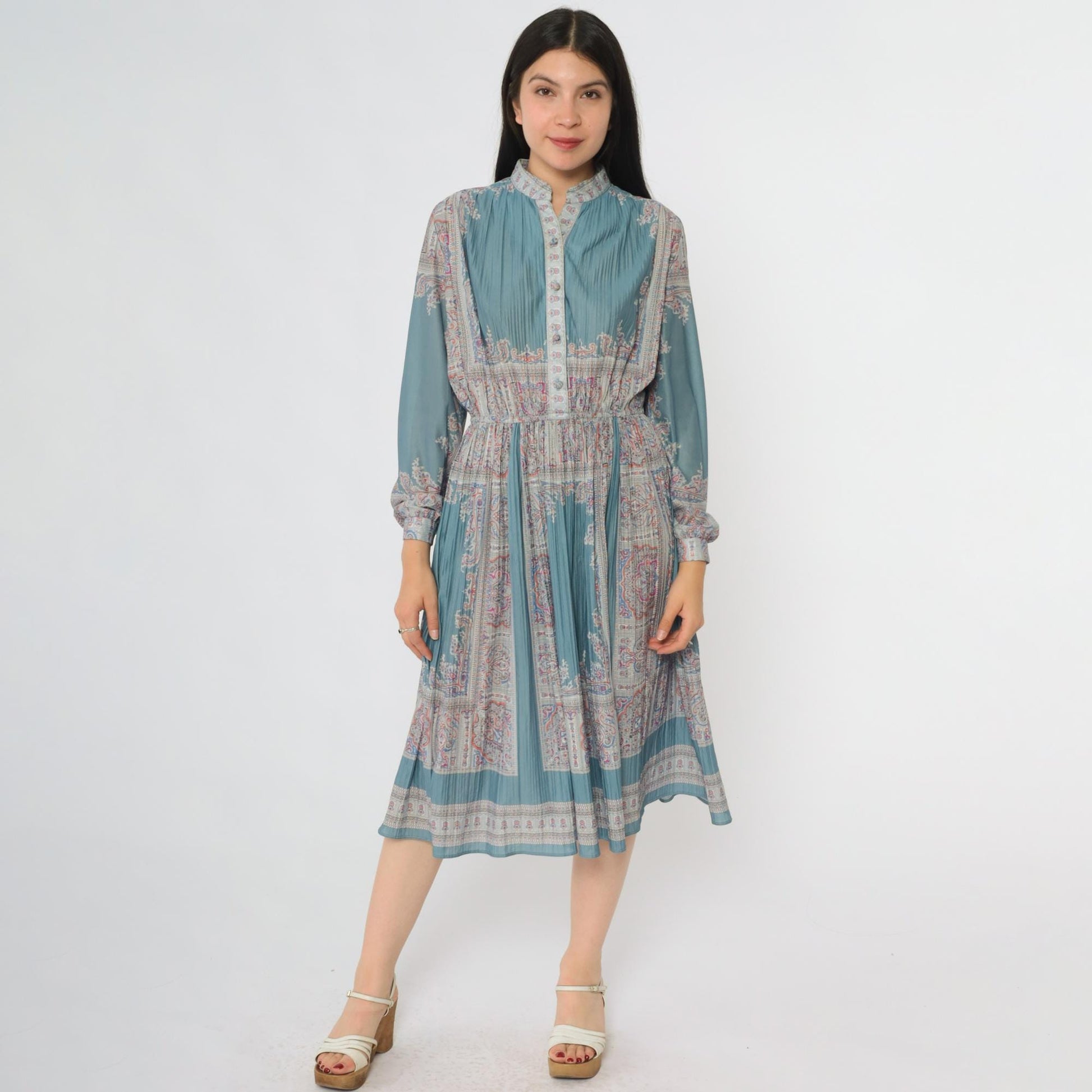 80s Hal Ferman Sage Green Midi Dress Paisley Floral Print Mandarin Collar Medium
