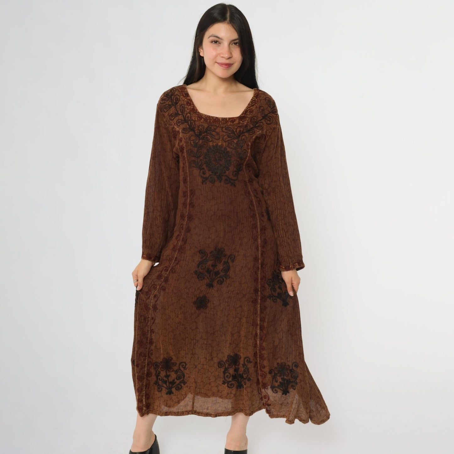 Y2K Brown Floral Embroidered Midi Dress Square Neck Long Sleeve Medium