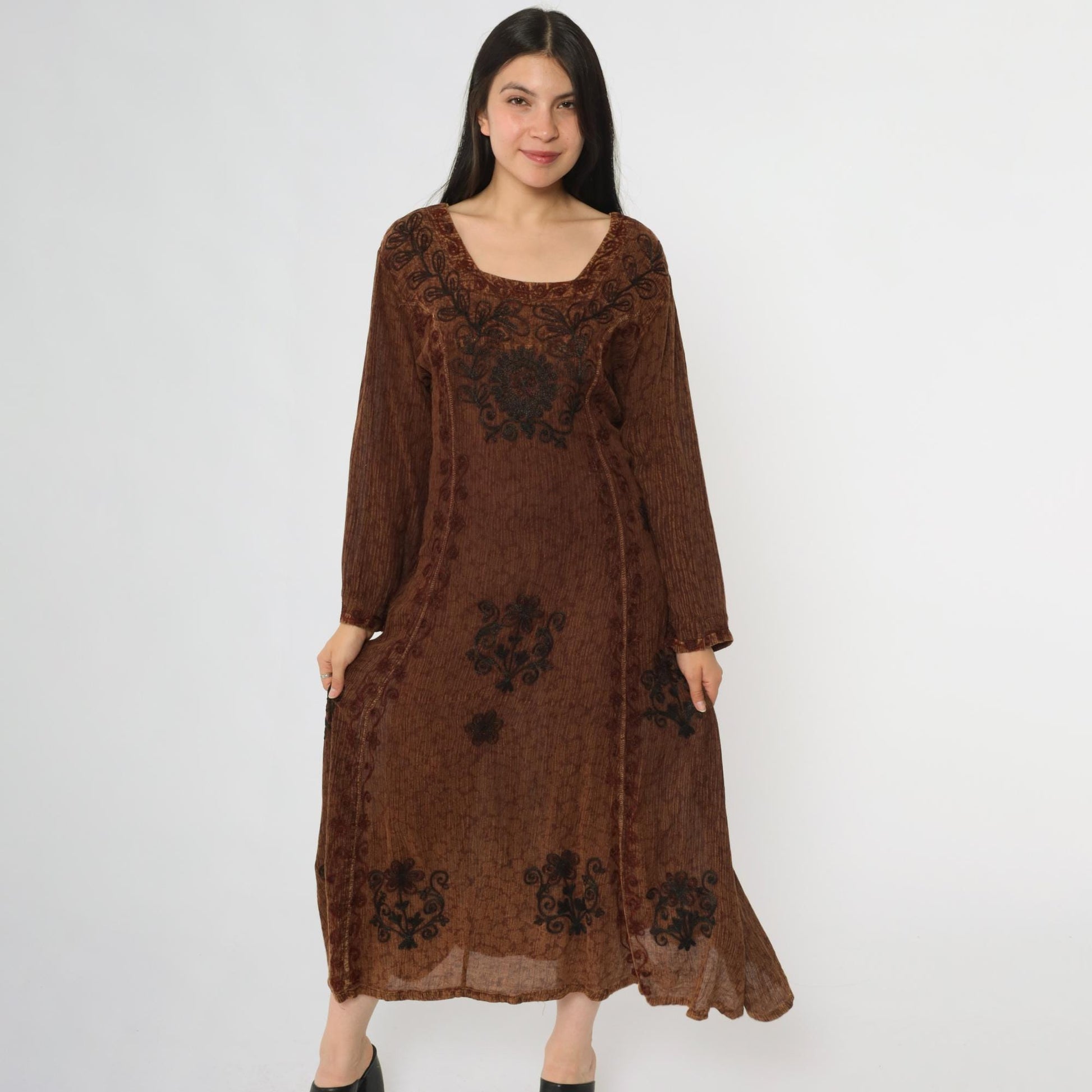 Y2K Brown Floral Embroidered Midi Dress Square Neck Long Sleeve Medium
