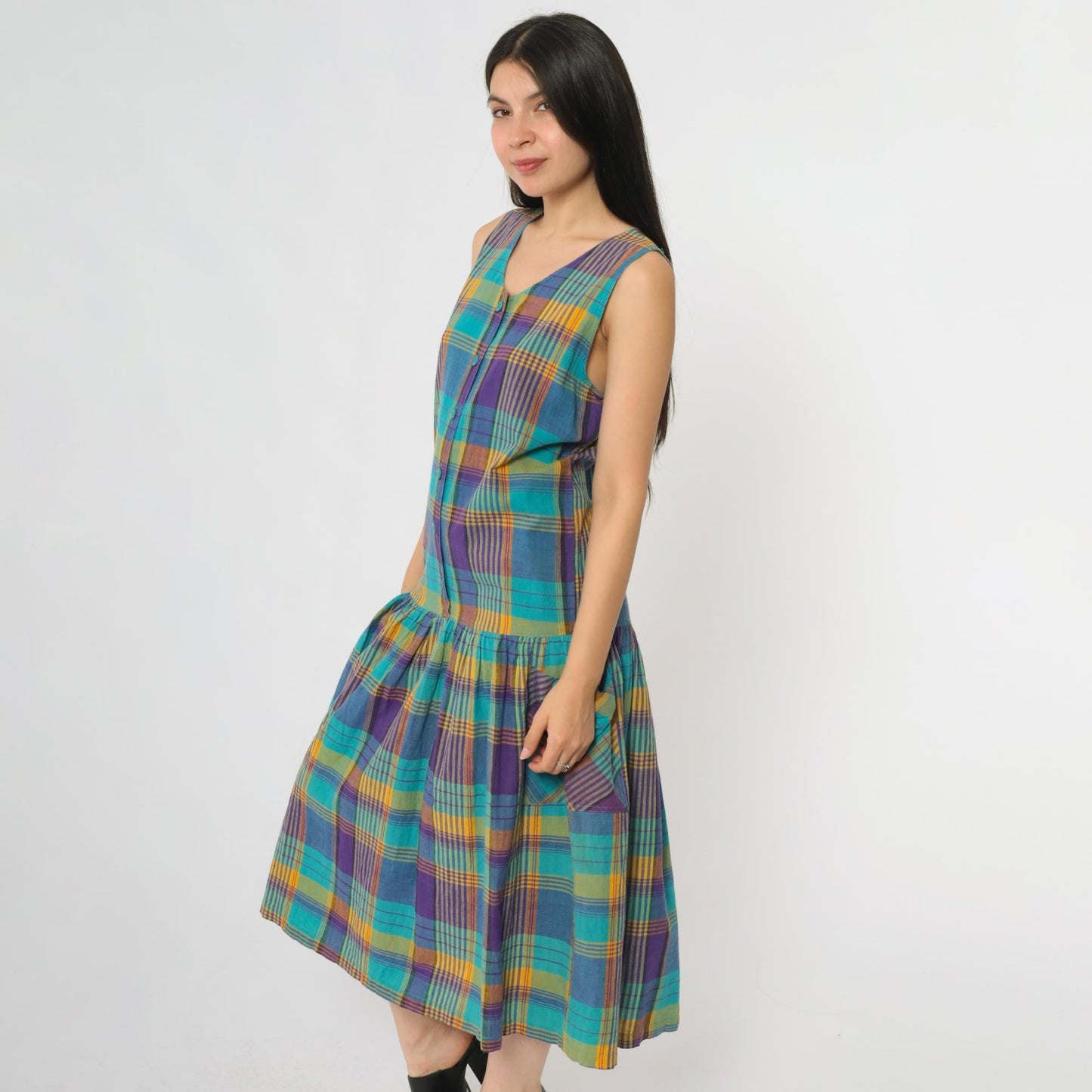 90s Honors Apparel Plaid Midi Dress Teal Purple Yellow Button Front Medium
