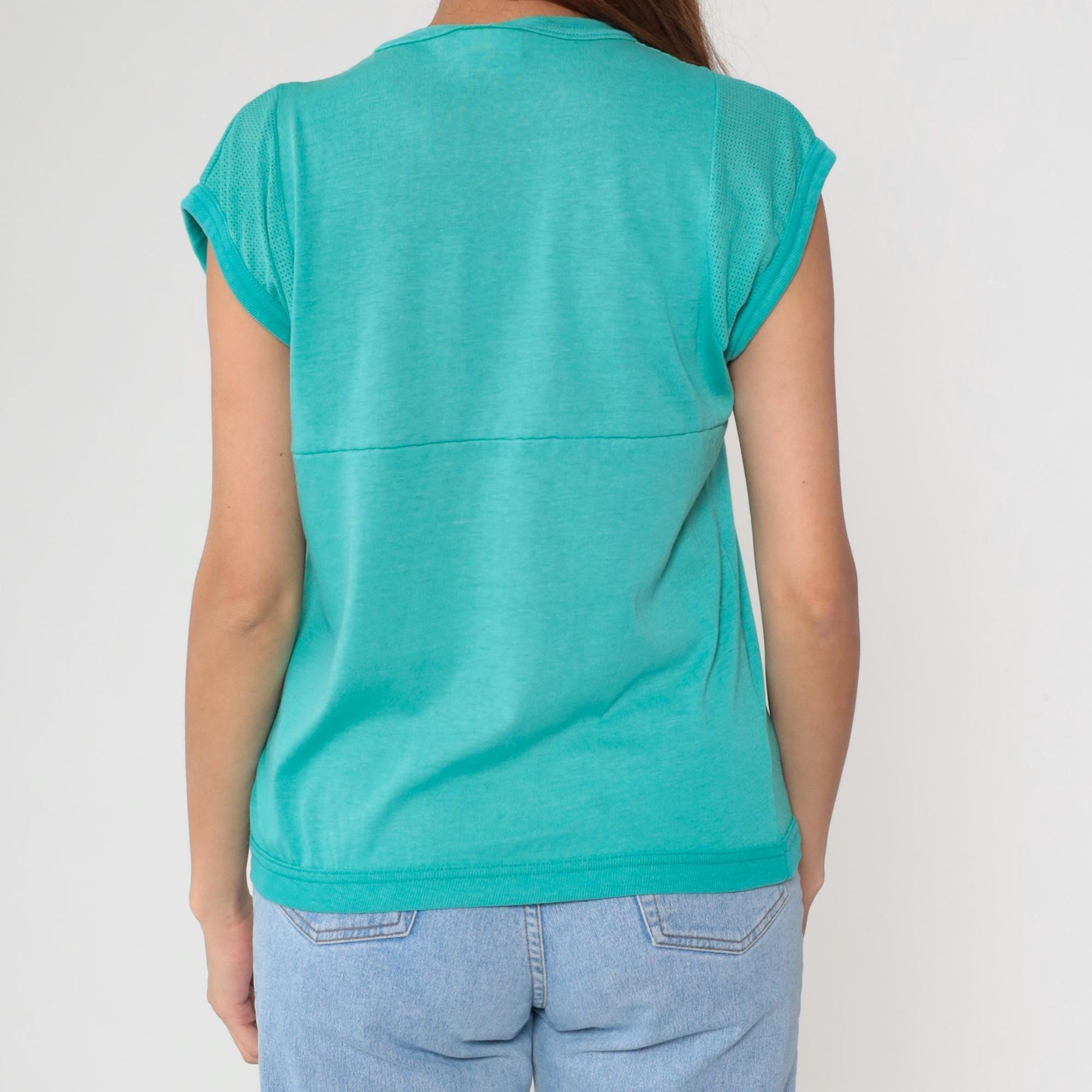 80s Turquoise Athletic Tank Top Mesh Panels Crew Neck Small Medium