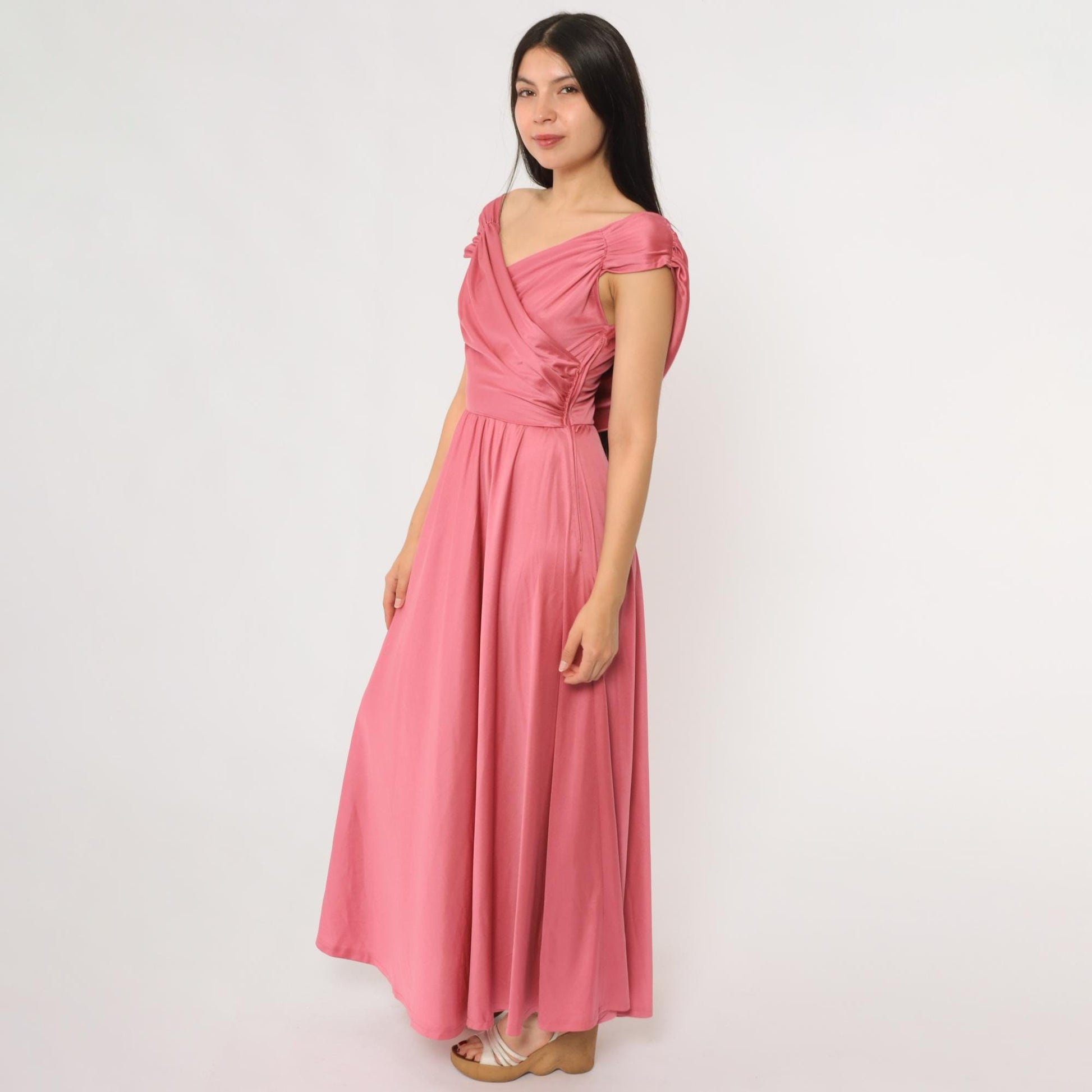 70s Coral Pink Maxi Dress Draped V-Neck Wrap Floor Length Extra Small XS