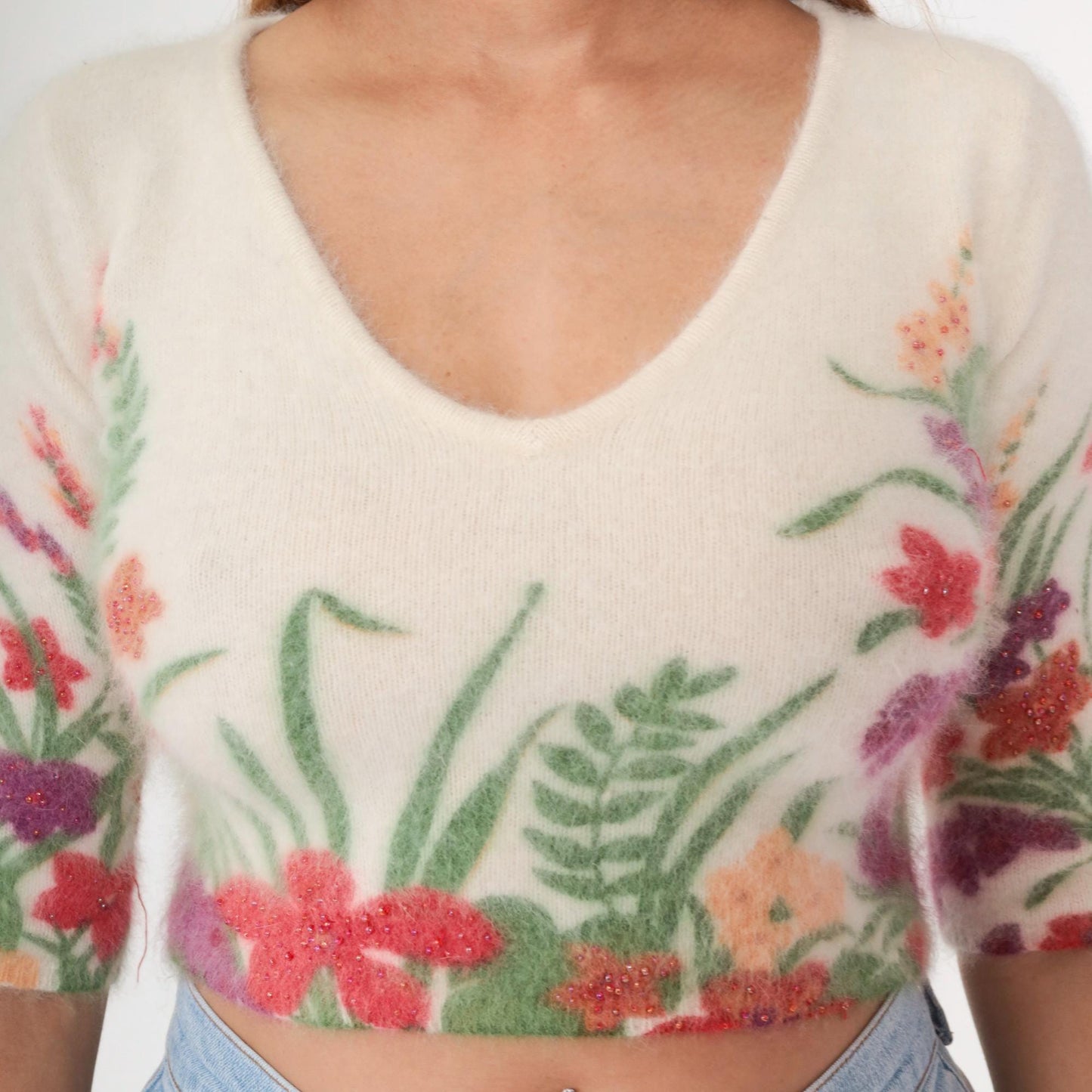 Y2K Cream Floral Crop Top Angora Embroidered V-Neck Extra Small XS