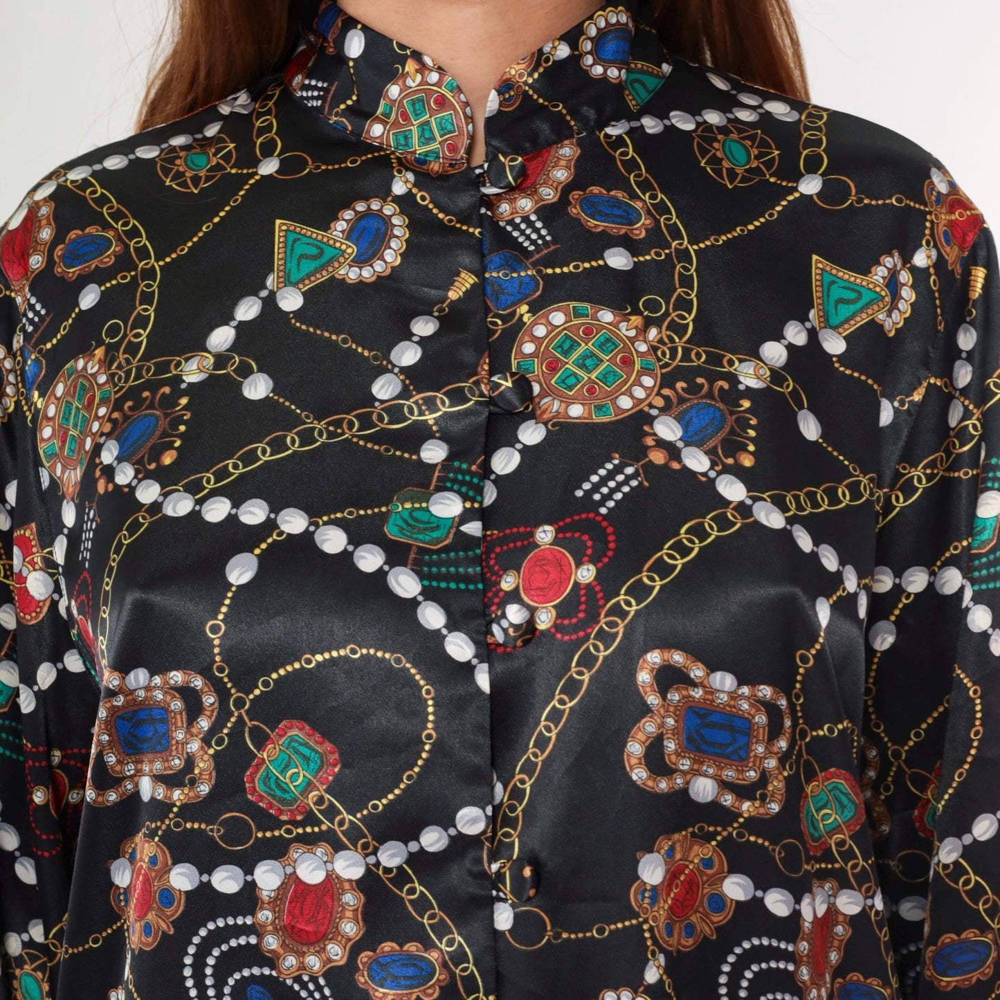 90s Baroque Gemstone Pearl Print Blouse Black Gold Chain Long Sleeve Large L