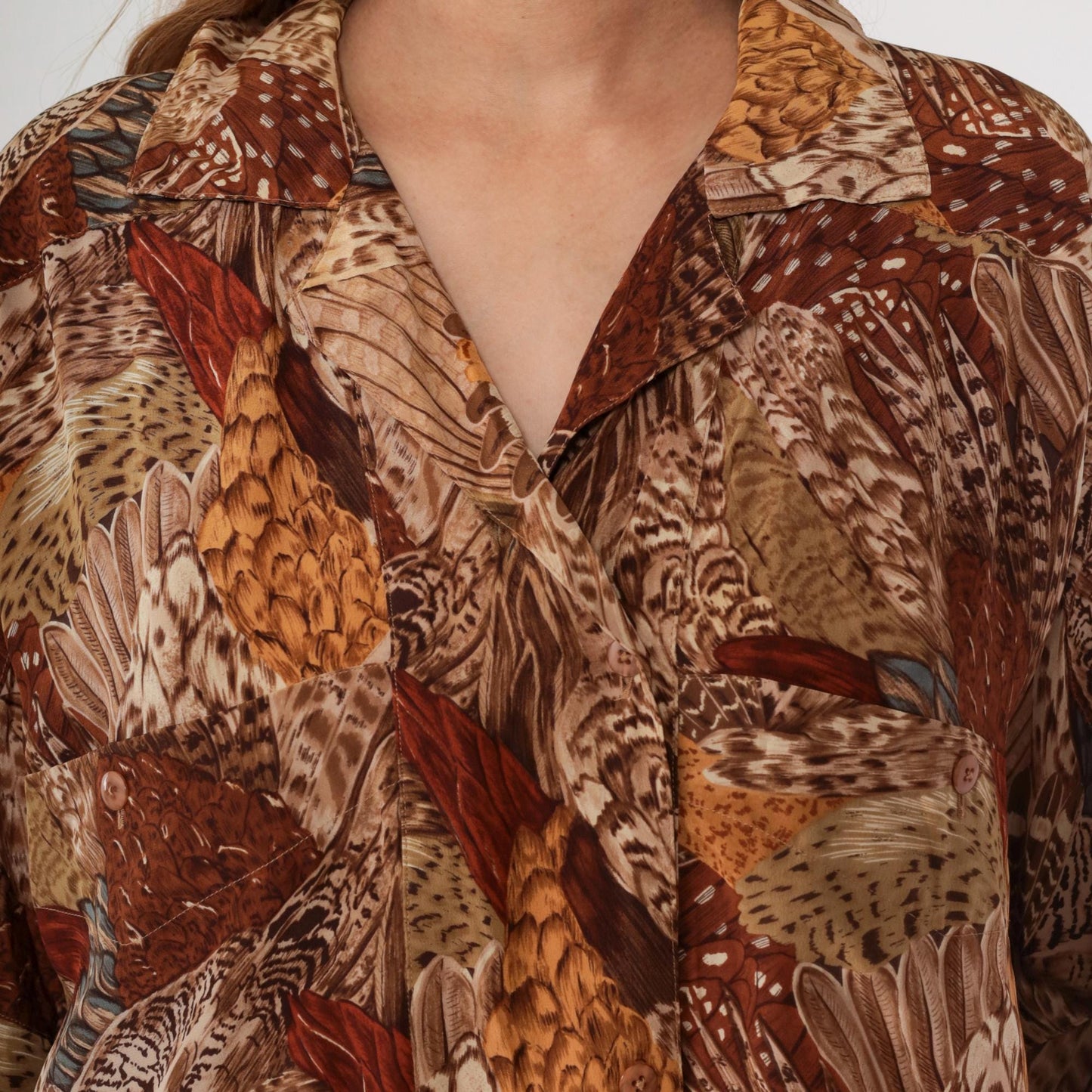 Ellen Tracy Silk Feather Print Blouse Brown Button Front Long Sleeve Large