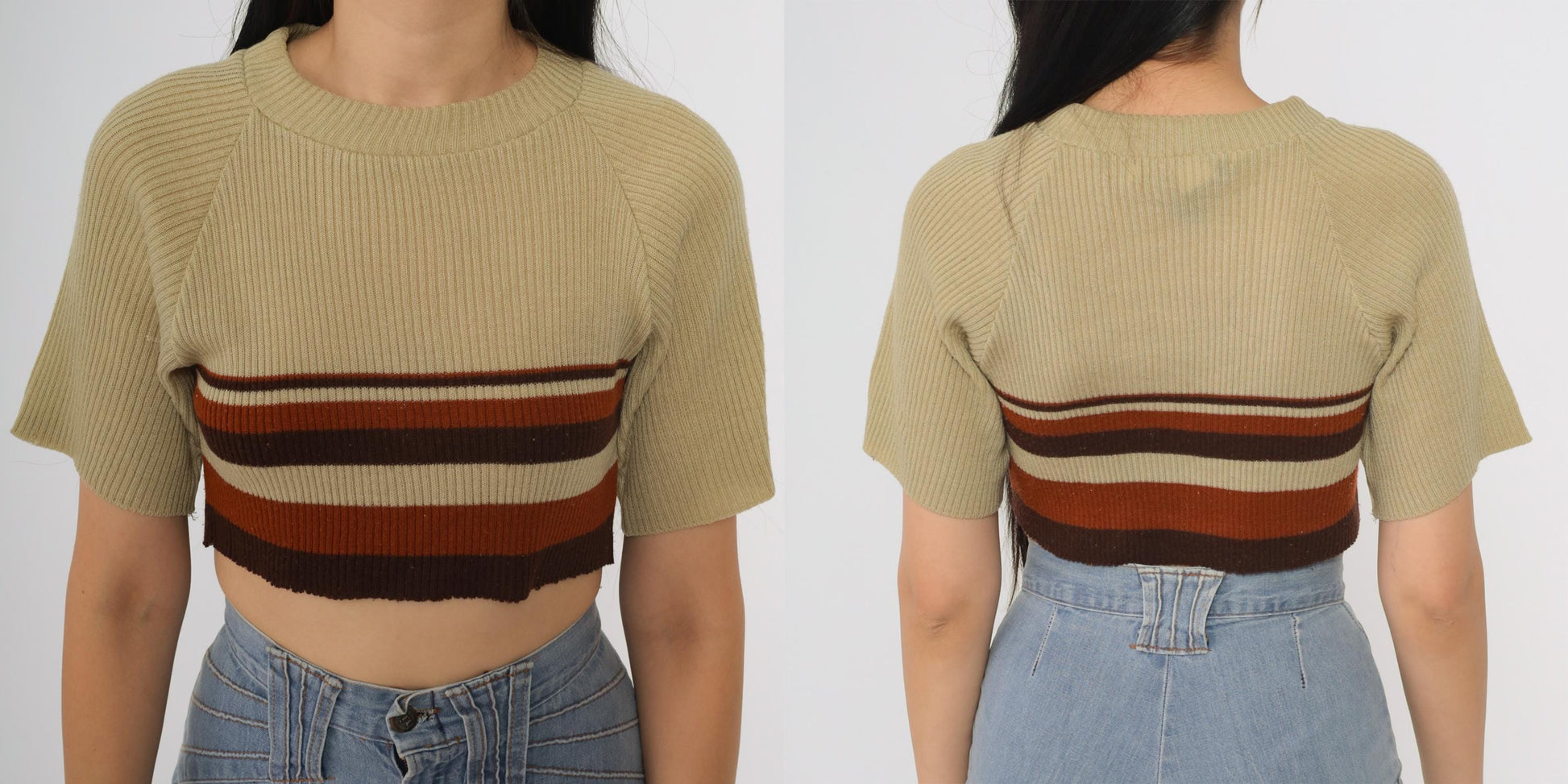 70s Striped Crop Top Tan Brown Rust Rib Knit Short Sleeve Crew Neck Large