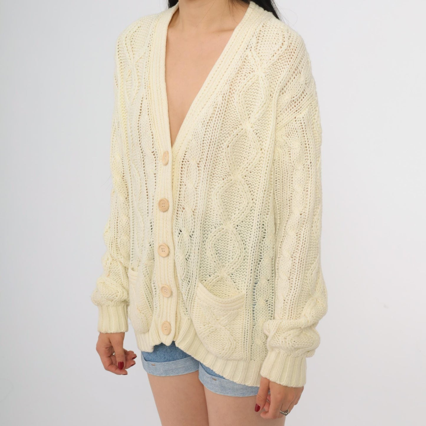 80s Cream Cable Knit Cardigan Deep V-Neck Button Front Chunky Knit Large